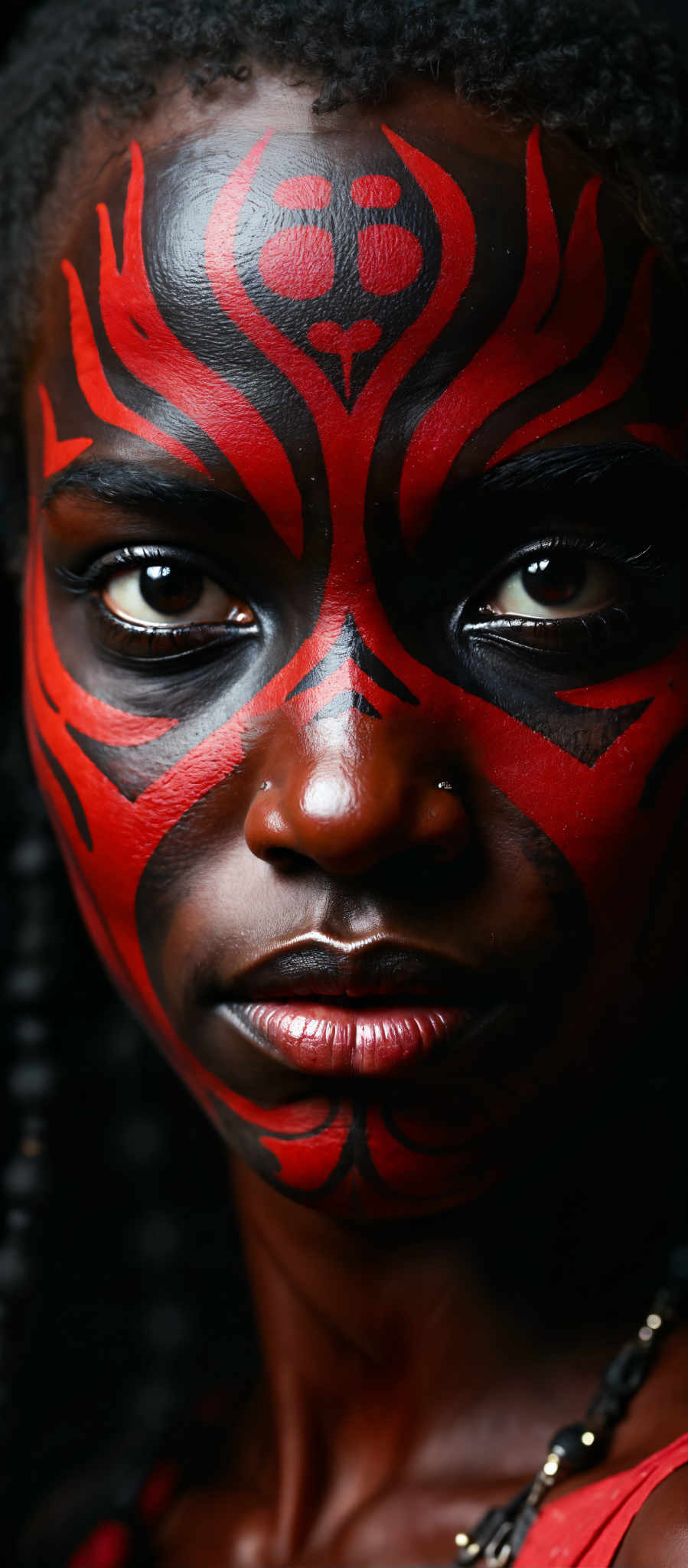 A close up of a person's face with red and black face paint. The paint is intricate and detailed covering the person's eyes nose and mouth. The person's hair is visible in the background. The image is in black and white with the red and white face paint standing out. The photo is taken from a low angle looking up at the person. The background is blurred drawing focus to the person and their face paint.

The face paint is symmetrical with equal coverage on both sides of the face. The eyes are covered but the eyelashes are visible adding a touch of detail to the overall look. The nose and mouth are also covered with a slight curve around the mouth giving the impression of a smile. The hair in the back is long and straight providing a stark contrast to the intricate face paint in the foreground. The overall effect is a striking and dramatic look.