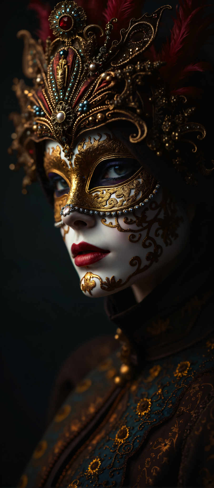 A woman wearing a gold and black mask with a red lip stain.