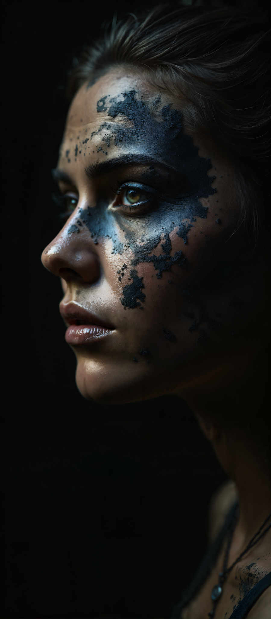 A woman with black paint on her face.