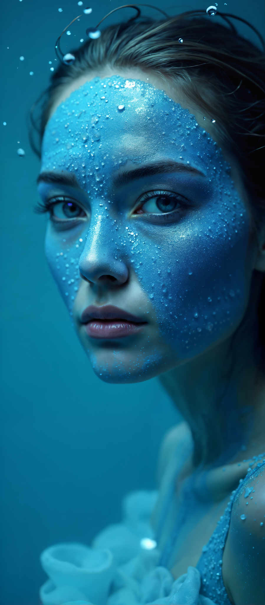 A woman with blue face paint and blue hair.