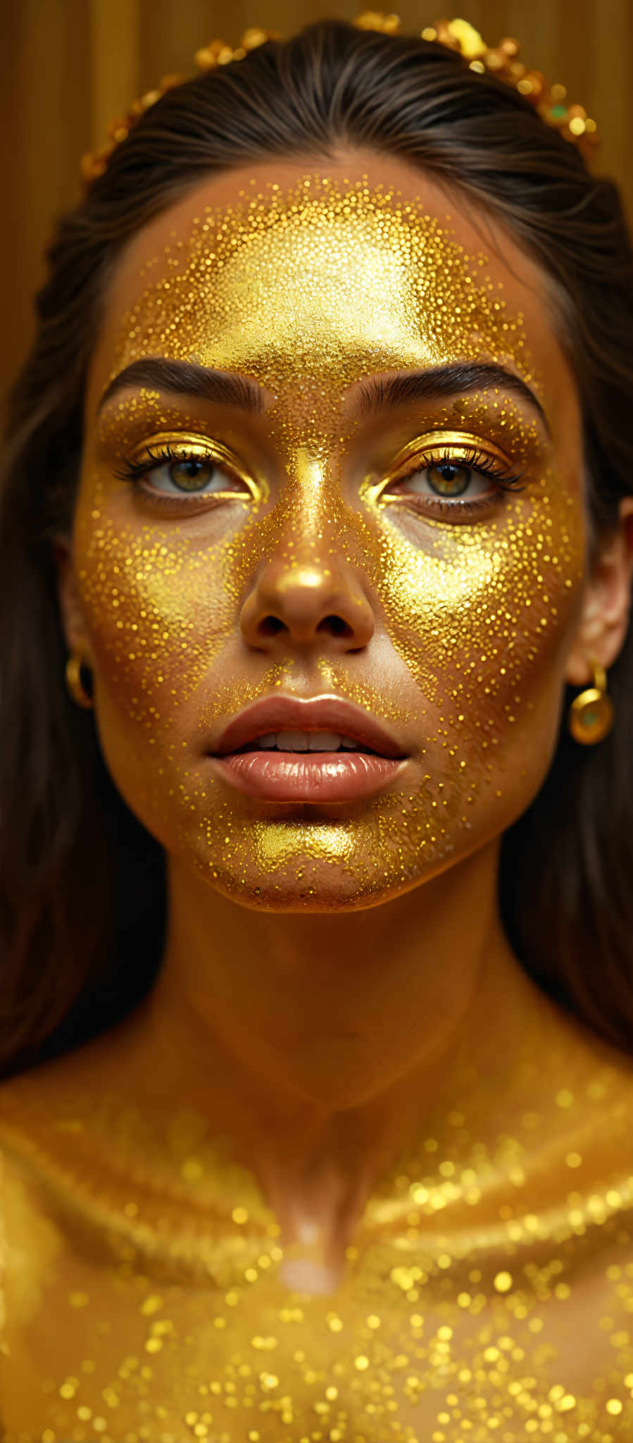 A woman with gold makeup on her face.