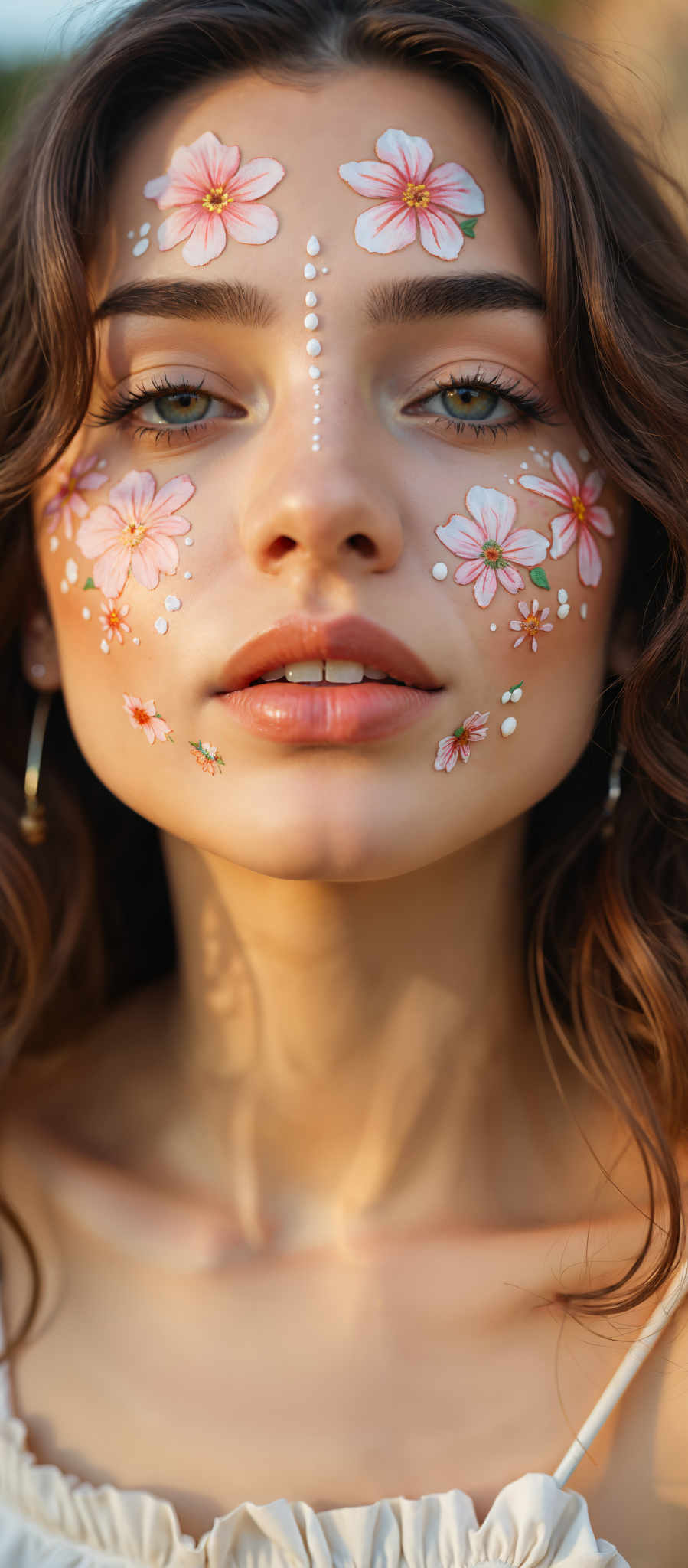 A woman with a face painted with flowers.