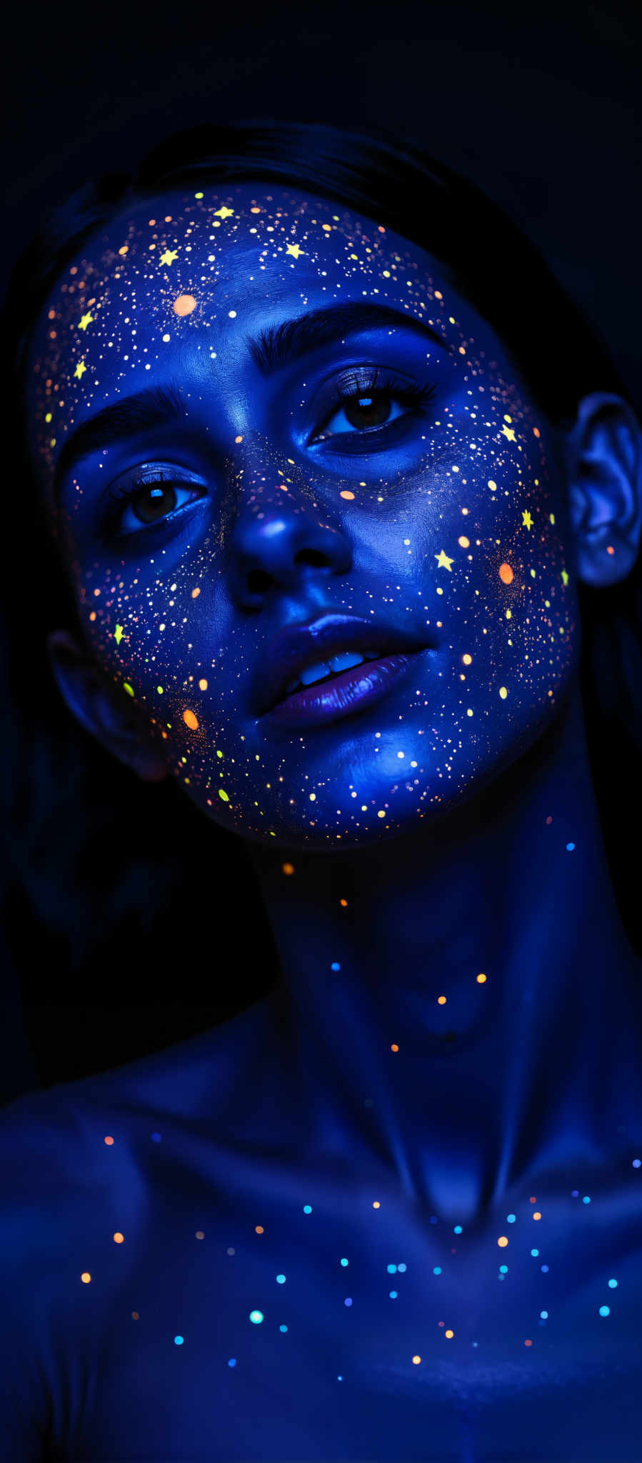 A woman with blue face paint and stars on her face.