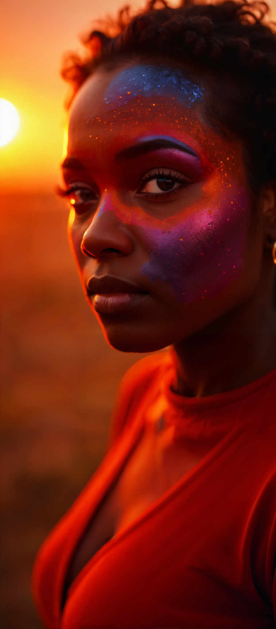 A woman with a colorful face paint is wearing a red shirt.