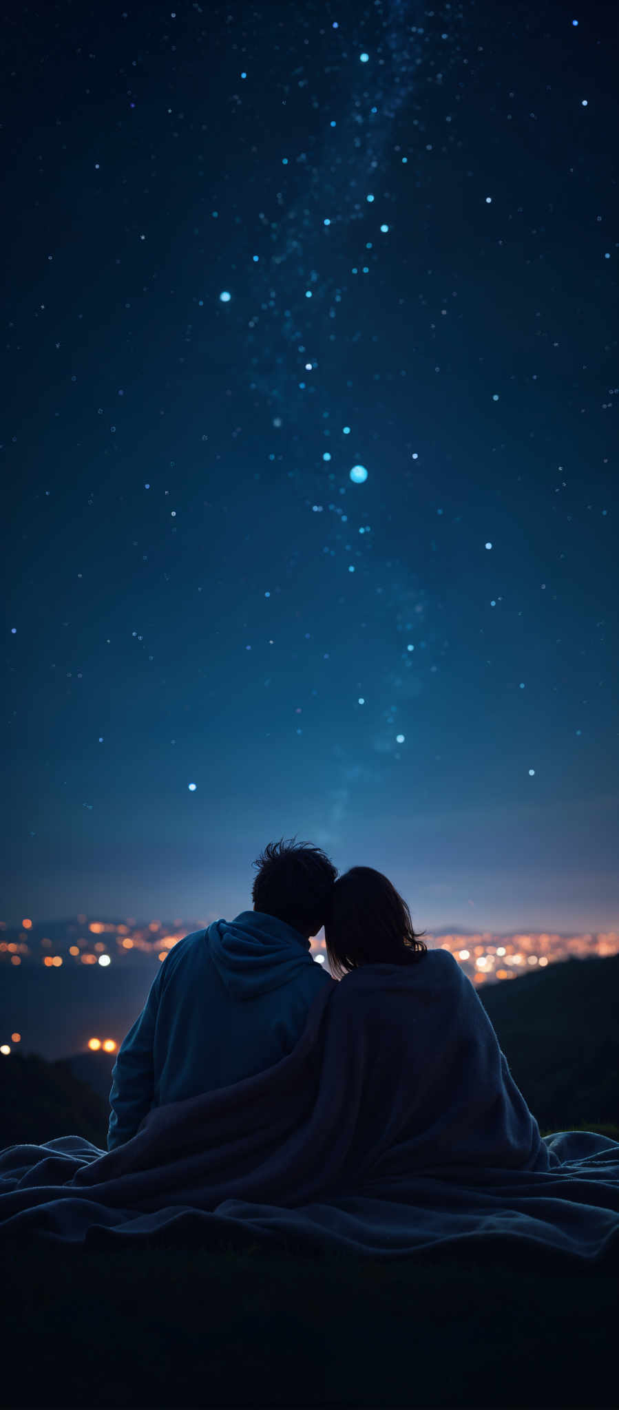 A couple standing together under a starry night sky.