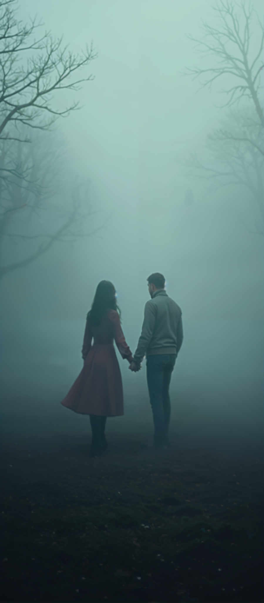 A man and woman holding hands in a foggy forest.