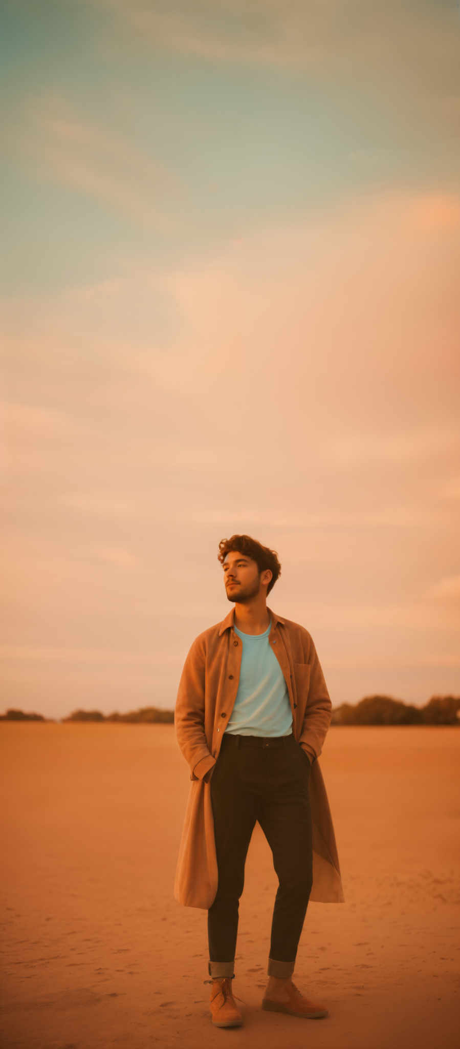 The image showcases a vast expanse of a sandy landscape under a sky painted with hues of blue and pink. Dominating the foreground is a man, standing confidently with his hands in his pockets. He is dressed in a light blue shirt, dark trousers, and a long brown coat. His hair is tousled, and he gazes into the distance, seemingly lost in thought. The overall mood of the image is serene and contemplative, accentuated by the soft lighting that bathes the scene.