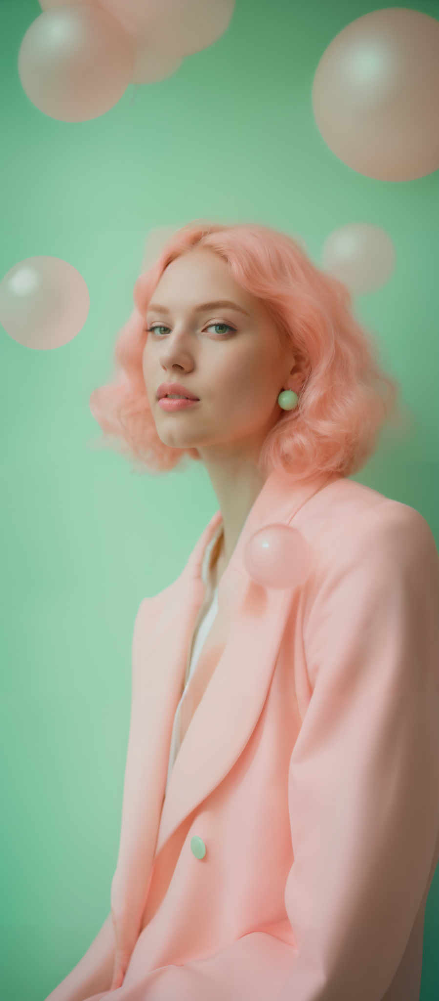 The image showcases a young woman with vibrant pink hair. She is wearing a pastel pink blazer with light green buttons. The background is a soft teal color, adorned with floating pink bubbles. The woman has a pair of light green earrings and is gazing intently at the camera.