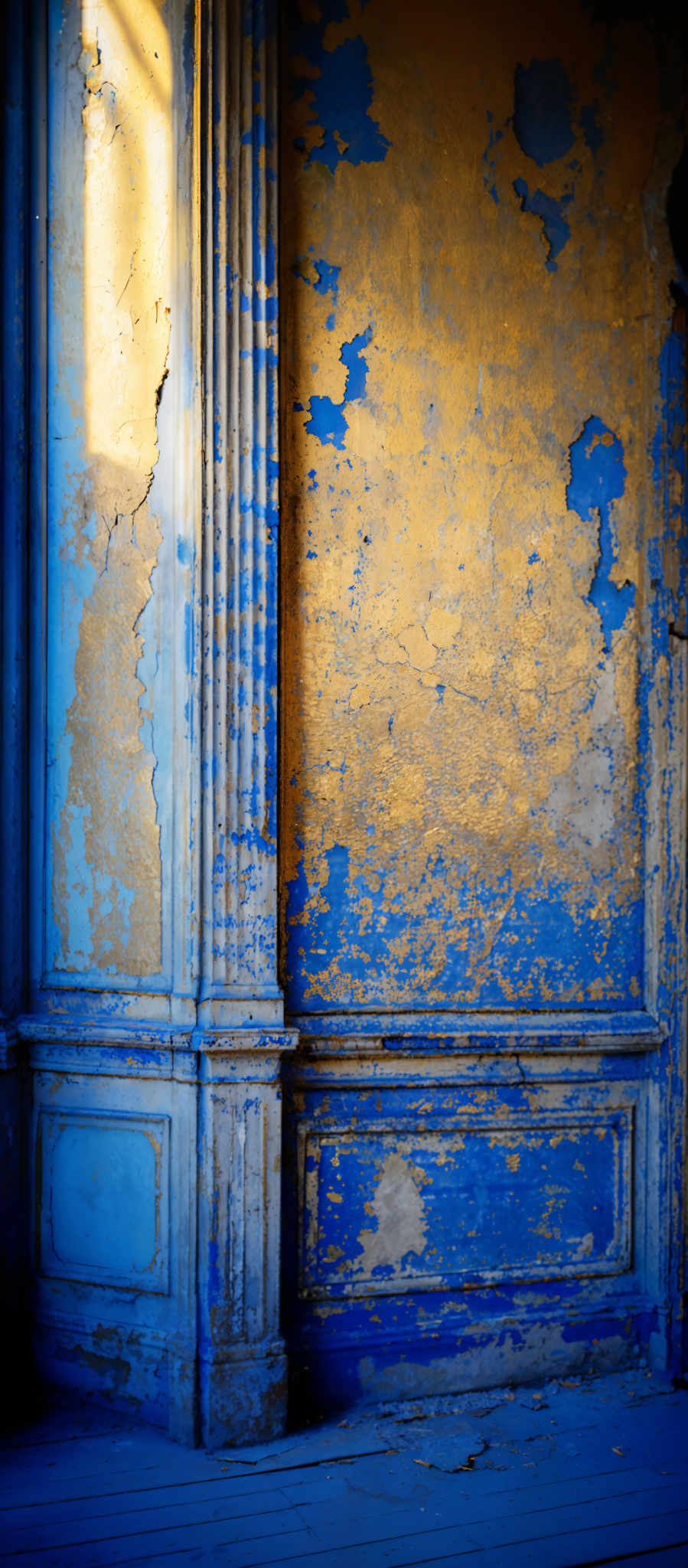 The image showcases a room with a vintage or old architectural style. The dominant colors are shades of blue and gold. The walls have a rich blue color with patches of gold, possibly from a gilded finish. The gold appears to be peeling off, revealing the underlying blue. The room features tall, wooden columns with intricate carvings. The floor is wooden with a worn-out appearance, showing signs of age and wear. The sunlight casts a warm glow, illuminating the room and creating shadows that add depth to the scene.