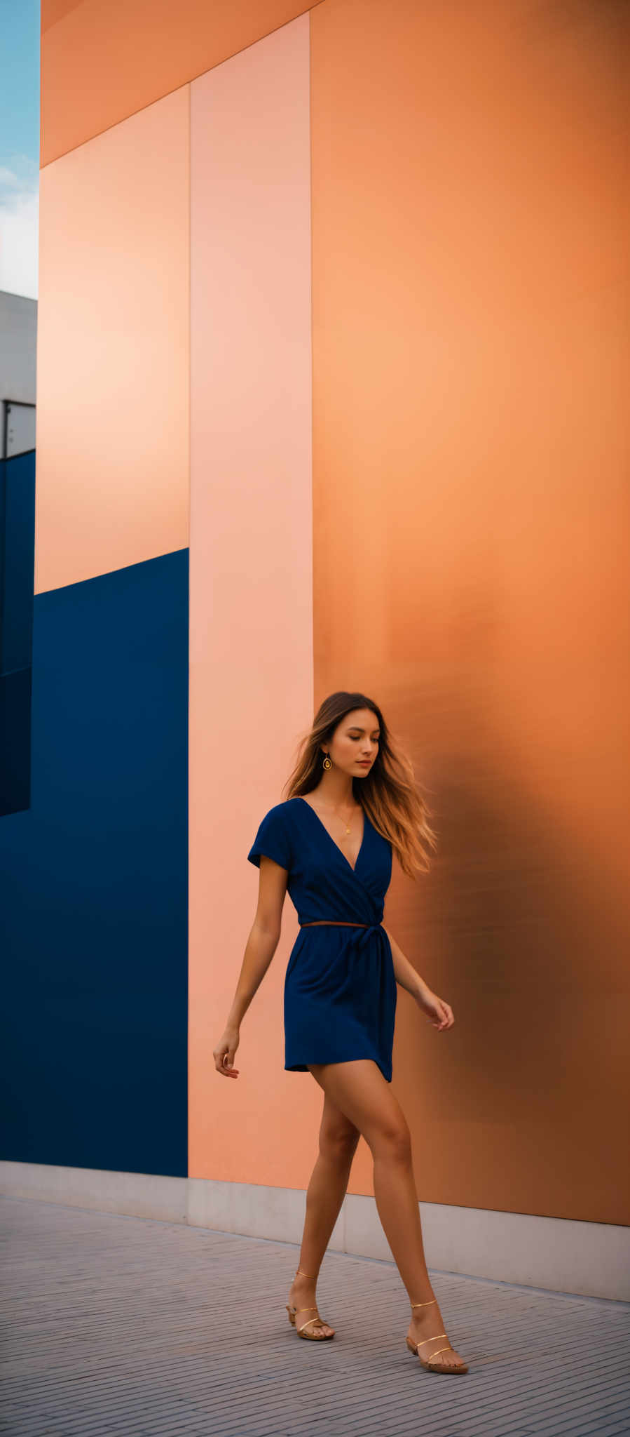 The image showcases a woman walking in front of a large, colorful wall. The wall is divided into three distinct sections: a deep blue on the left, a peach or light orange in the middle, and a deep navy blue on right. The woman is dressed in a deep royal blue jumpsuit with a matching belt. She has long, wavy hair and is wearing strappy sandals. The ground appears to be made of wooden planks.