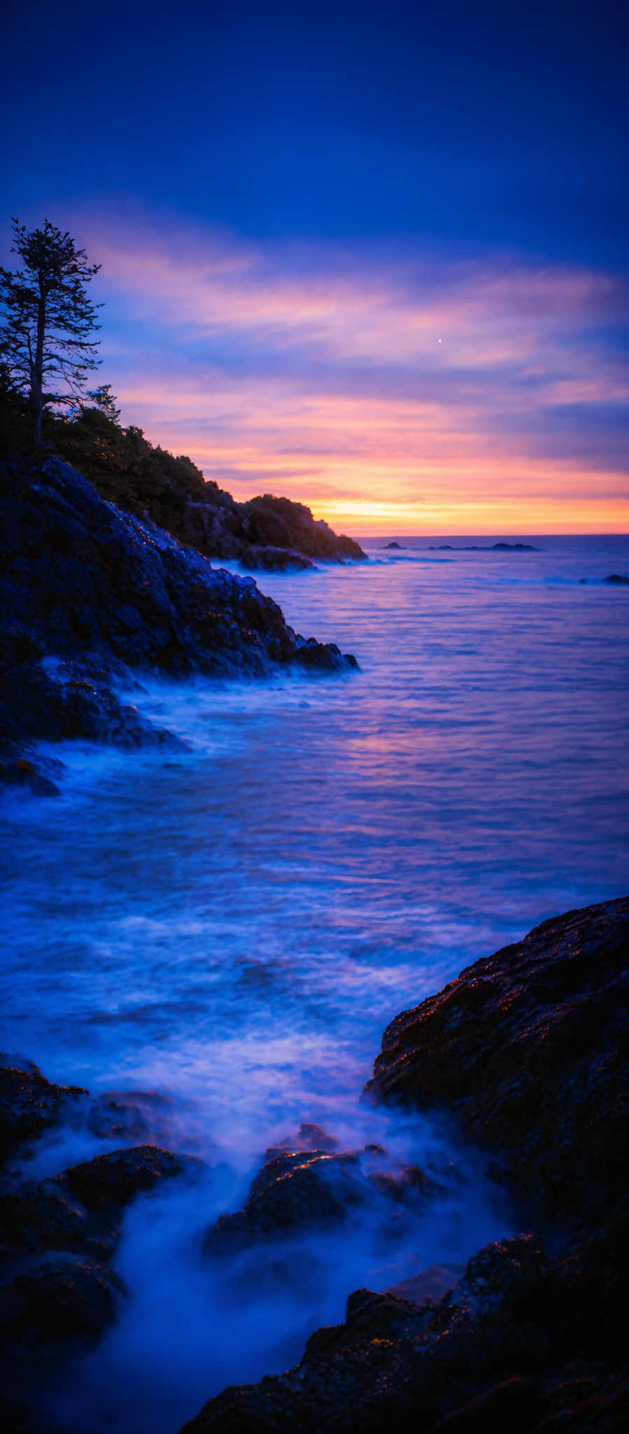 The image showcases a breathtaking coastal scene during sunset. The sky is painted with hues of deep blue, purple, and orange, with streaks of clouds adding texture. The sun is near the horizon, casting a warm, golden glow on the water. The water itself is a blend of deep blues and whites, with waves crashing onto the rugged, rocky shoreline. The rocks are dark and jagged, and there's a lone tree standing tall on the right side, silhouetted against the vibrant backdrop.