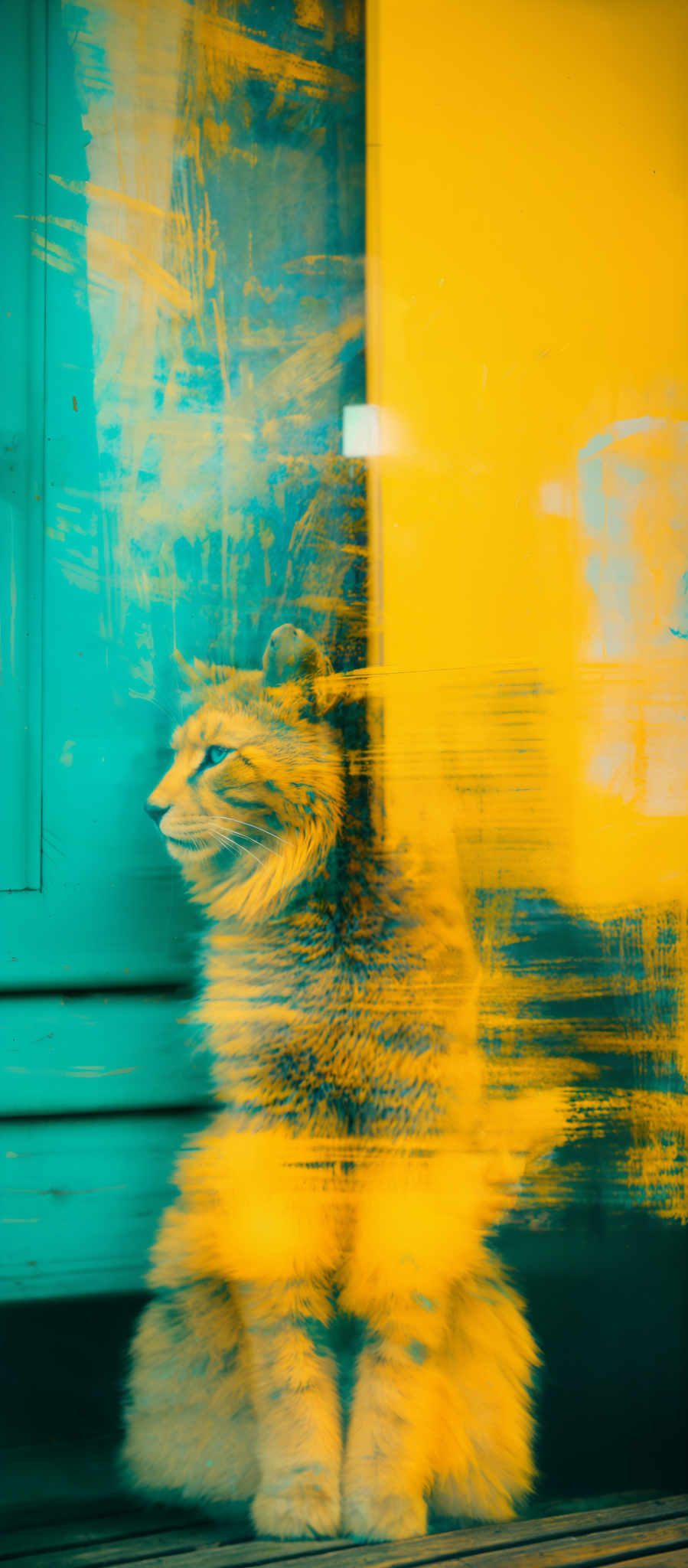 The image showcases a vibrant blend of colors. Dominantly, there's a turquoise hue on the left side, which seems to be a door or wall. On the right side, there is a golden-yellow hue, possibly representing a light source or reflection. The central part of the image features a ginger-colored cat, sitting upright and looking to its left. The cat's fur appears soft and fluffy. The entire image has an abstract and artistic feel, with the cat' s reflection and the surrounding colors creating a dreamy and surreal atmosphere.