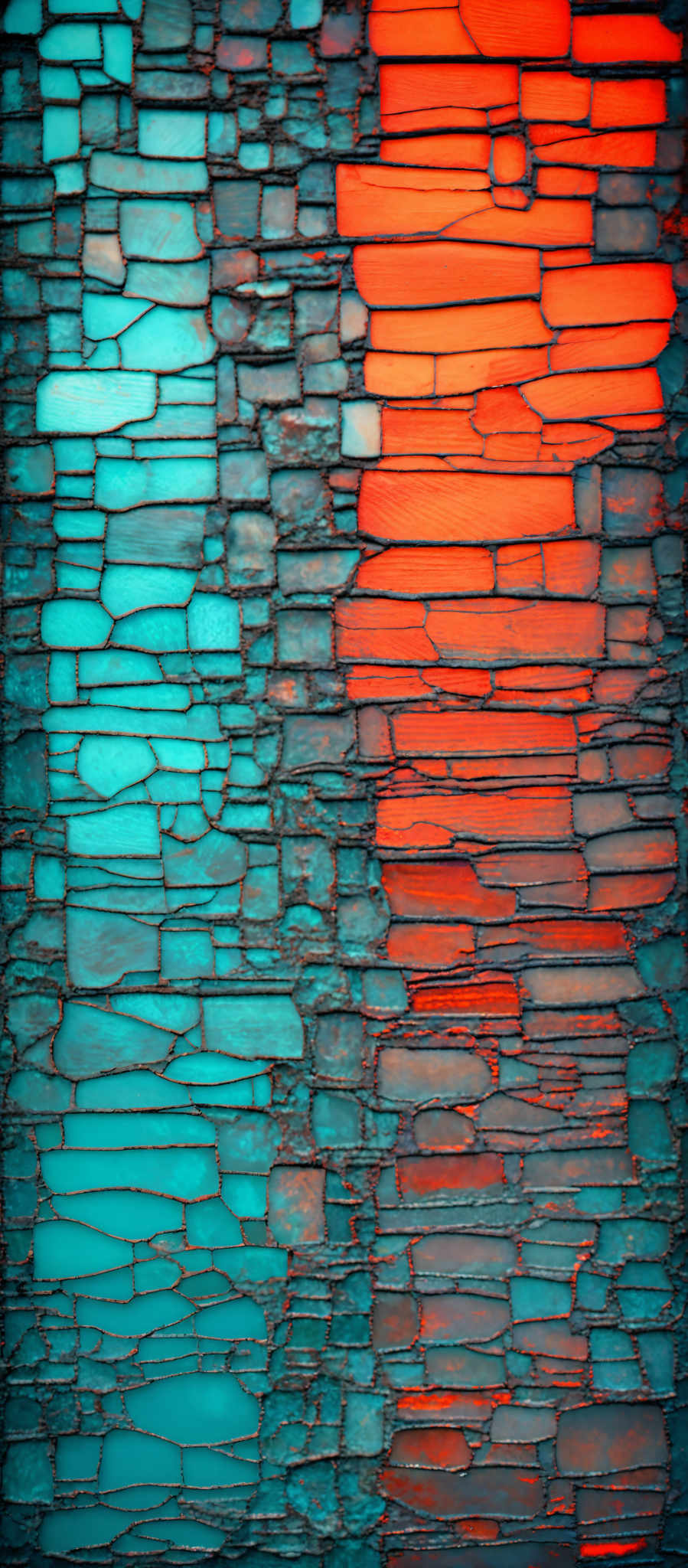 The image showcases a textured surface with rectangular shapes. The colors range from deep blues and teals to vibrant oranges and reds. The rectangles are layered and appear to be cracked or broken, giving the image a mosaic-like appearance. The texture suggests that the surface might be made of dried or cracked material, possibly resembling parched earth or dried paint.