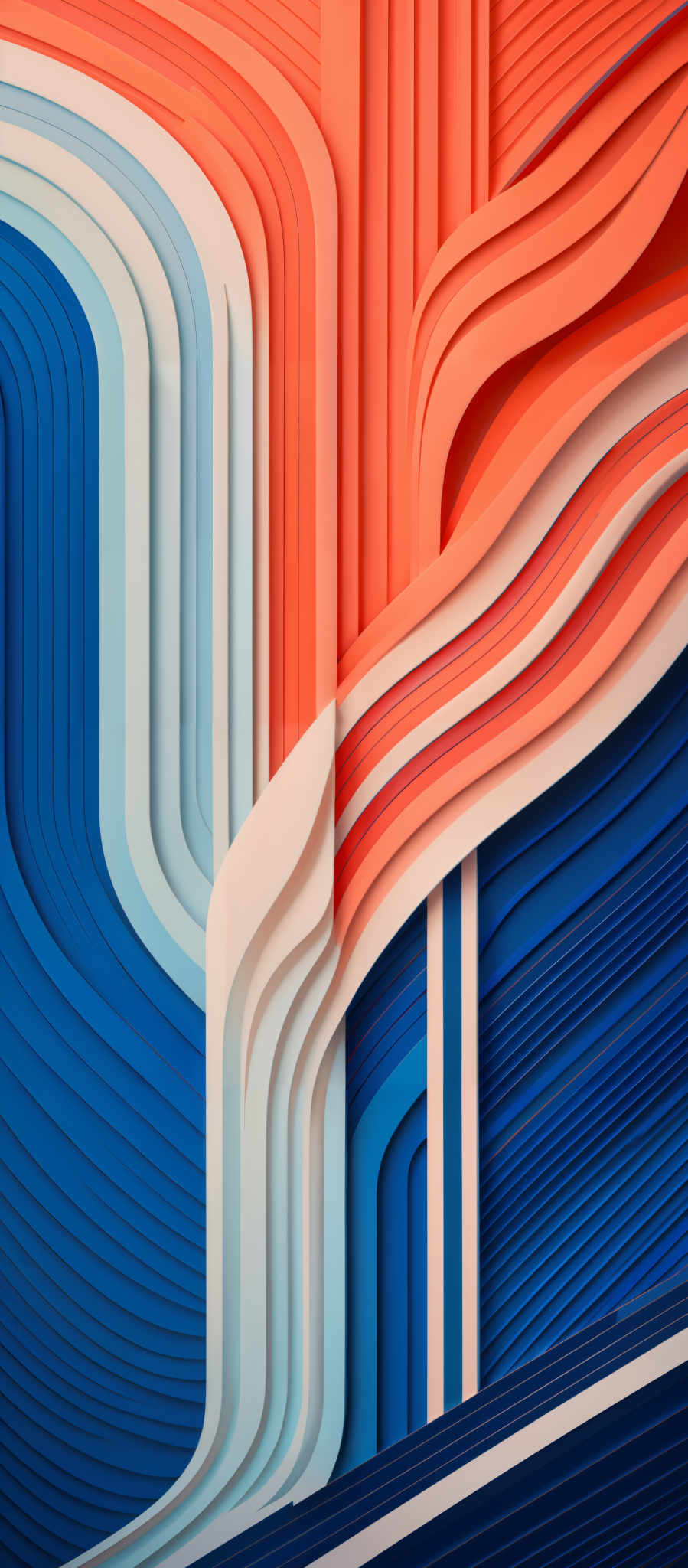 The image showcases a vibrant and intricate design with layered, curved patterns. The dominant colors are shades of blue, orange, and white. The blue forms the background with wavy patterns, while the orange and white are used to create a series of intertwined, curvy lines that appear as though they are flowing and interlocking. The design gives a sense of depth and dimension, as if the layers are stacked upon each other.