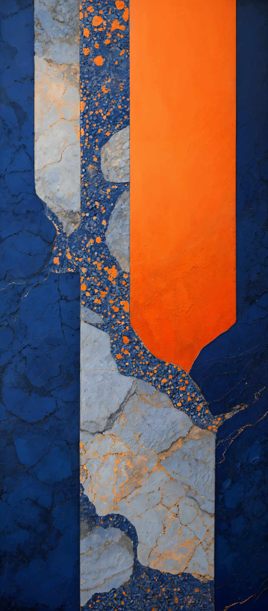 The image showcases a vibrant and abstract composition. It predominantly features three distinct rectangular sections in varying shades of blue and orange. The leftmost rectangle is deep blue with a marbled pattern, the middle one is a gradient transitioning from a light blue to a bright orange, and the rightmost rectangle mirrors the middle section but is a bit darker. Between these rectangles, there's a winding pathway made up of smaller rectangular and square shapes, predominately in shades blue and white, interspersed with orange speckles. The entire composition gives a sense of depth and movement, reminiscent of a river or a flow of water amidst a rocky terrain.