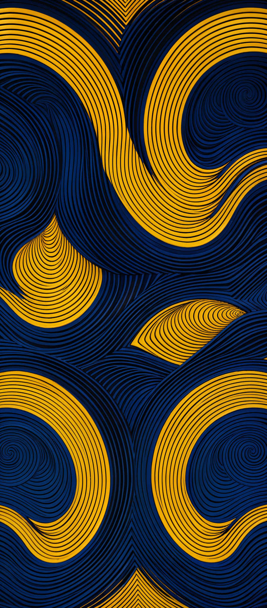 The image showcases a vibrant and intricate pattern. It predominantly features swirling lines in a combination of deep blue and bright yellow. The lines are wavy and intertwine with each other, creating a mesmerizing optical illusion. The design appears to be symmetrical, with the pattern repeating itself across the canvas. The interplay of the contrasting colors adds depth and dimension to the image, making it visually captivating.