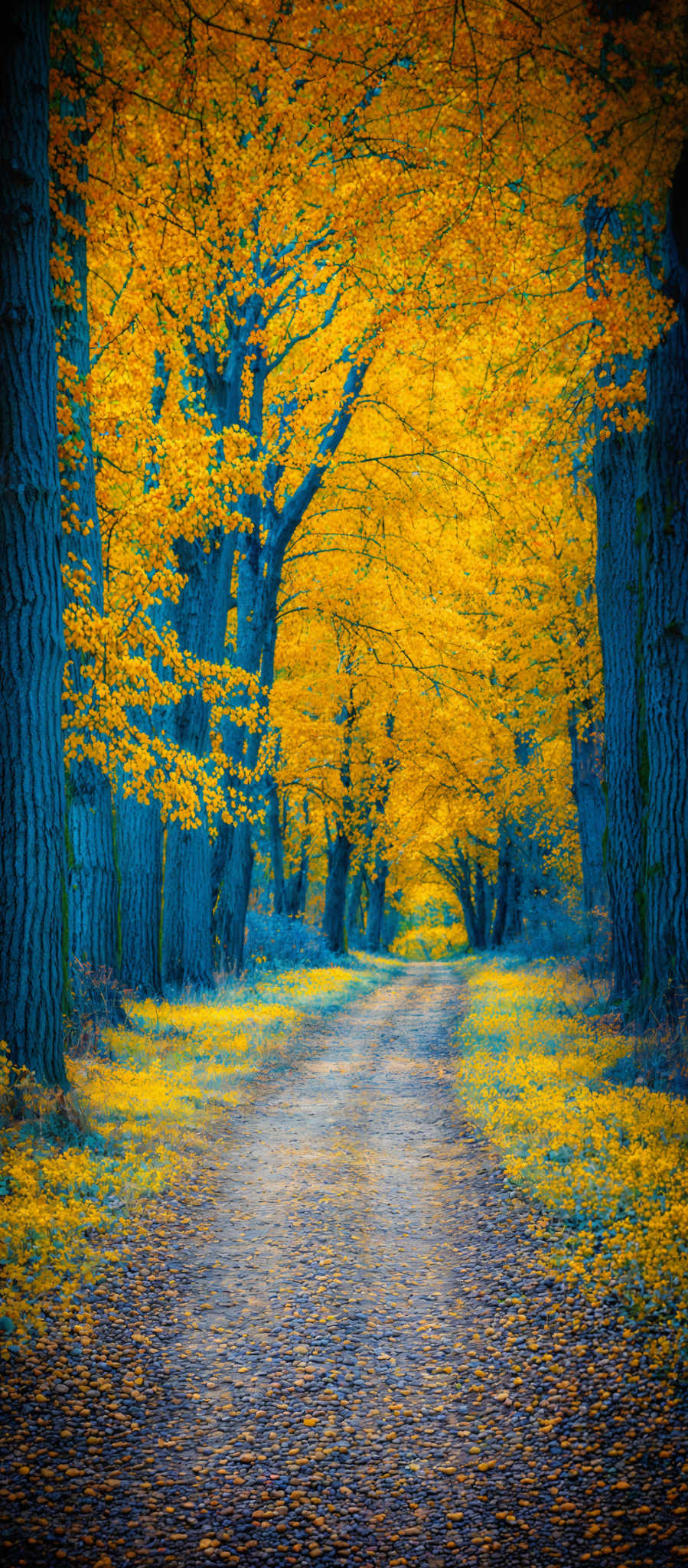 The image showcases a beautiful autumn scene with tall trees on either side of a pathway. The trees have a rich, dark bark and are adorned with vibrant yellow leaves, creating a canopy overhead. The pathway, covered with fallen leaves, leads the viewer's eye deeper into the image, suggesting a sense of depth and mystery. The colors are predominantly shades of yellow, orange, and blue, with the blue providing a cool contrast to the warm autumn hues.