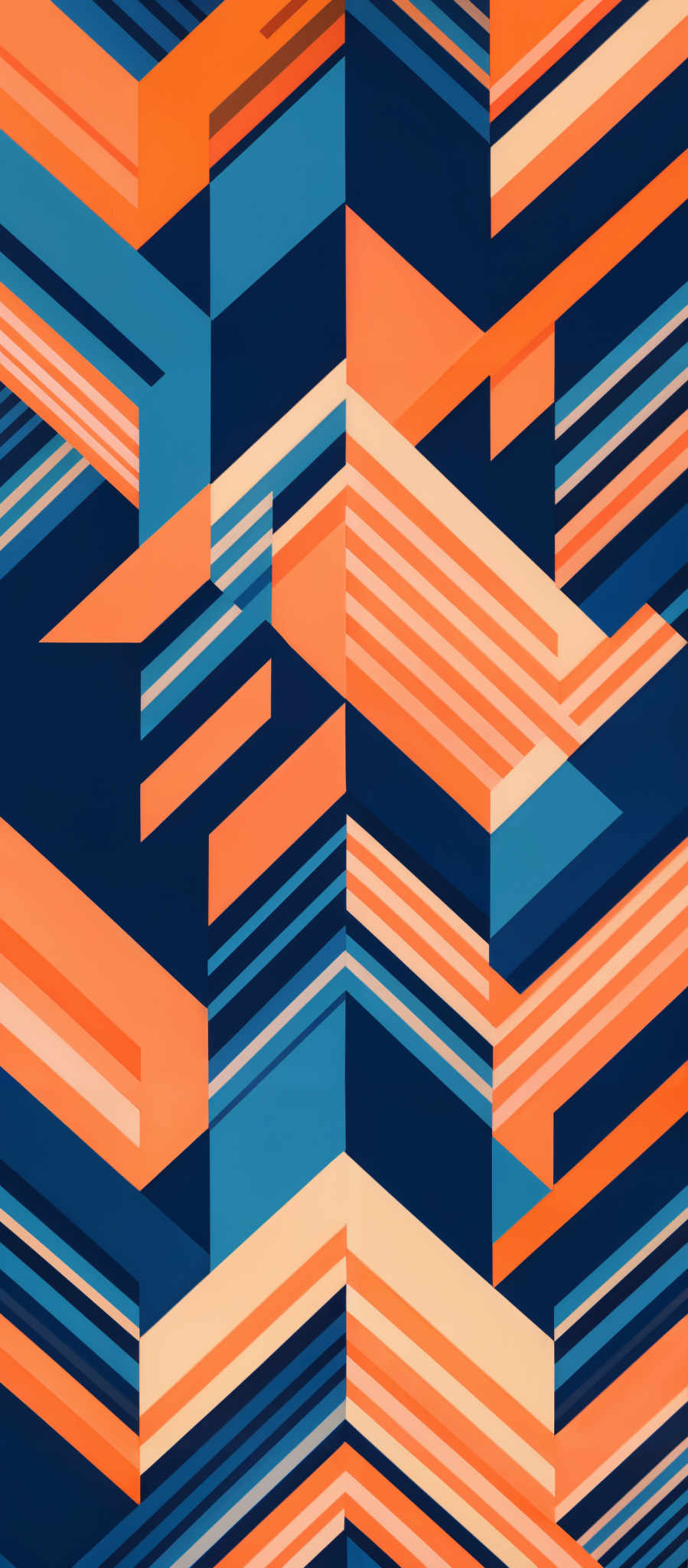 The image showcases a geometric pattern with a combination of rectangles and lines. The dominant colors are shades of blue, orange, and white. The shapes are interconnected, forming a complex maze-like structure. The design appears to be a modern and abstract representation, possibly inspired by architectural or digital design elements.