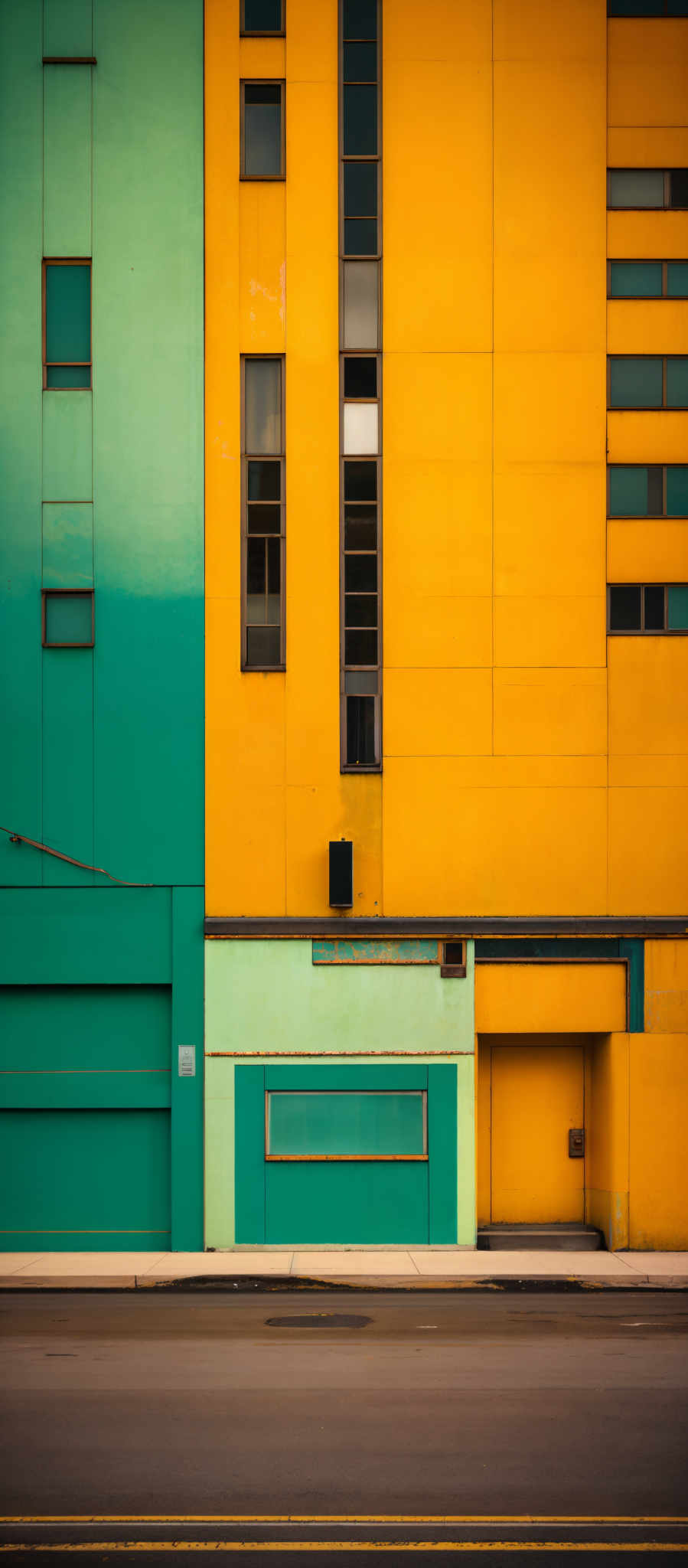 The image showcases a vibrant urban scene with two primary buildings. The left building is painted in a shade of teal, with a series of rectangular windows. The right building is a bright yellow, with vertical rectangular sections, some of which have windows. There's also a smaller section in the middle, painted in light green, with an elongated rectangular window. The ground is a grayish tone, possibly representing a road or pavement. There are also some minor details like a sign on the teal building and a small black object on the yellow building.