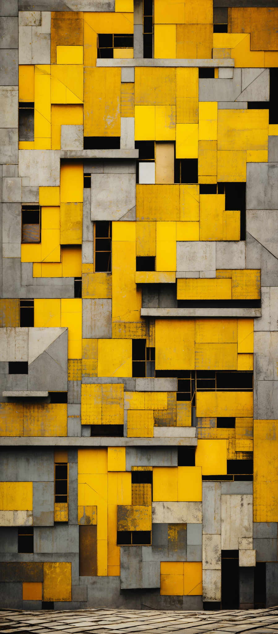 The image showcases a building facade with a unique and abstract design. The predominant colors are shades of gray and yellow. The building's design consists of various rectangular and square blocks, some of which are interconnected, forming an intricate mosaic. The blocks vary in size and are arranged in a seemingly random pattern. The yellow blocks are interspersed with gray ones, creating a visually striking contrast. The bottom of the image displays a patterned floor, possibly made of tiles, which complements the geometric theme of the building'.