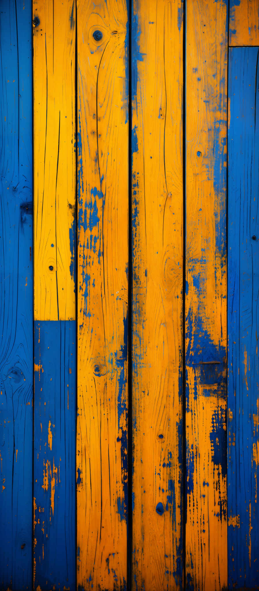 The image showcases wooden planks arranged vertically. The planks have a rich texture with visible grains and knots. They are painted in two primary colors: a vibrant yellow and a deep blue. The yellow paint is peeling off in several places, revealing the underlying wood. The blue paint is more consistent, but it also shows signs of wear and tear, especially around the edges. The overall appearance is rustic and weathered, suggesting that the wood has been exposed to the elements for some time.