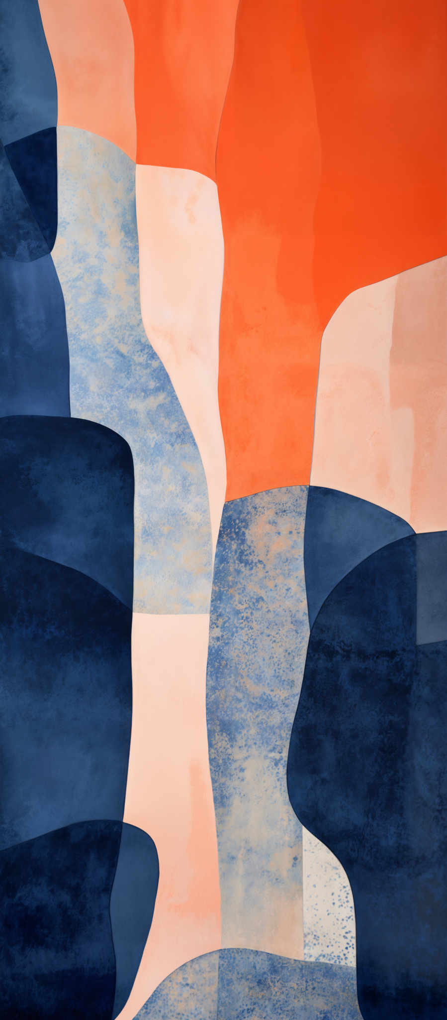 The image showcases abstract art with a combination of vibrant colors and organic shapes. Dominant colors include shades of orange, blue, and peach. The shapes resemble overlapping curves and waves, creating a sense of depth and movement. The artwork seems to evoke feelings of fluidity and dynamism, with the contrasting colors adding to its visual appeal.