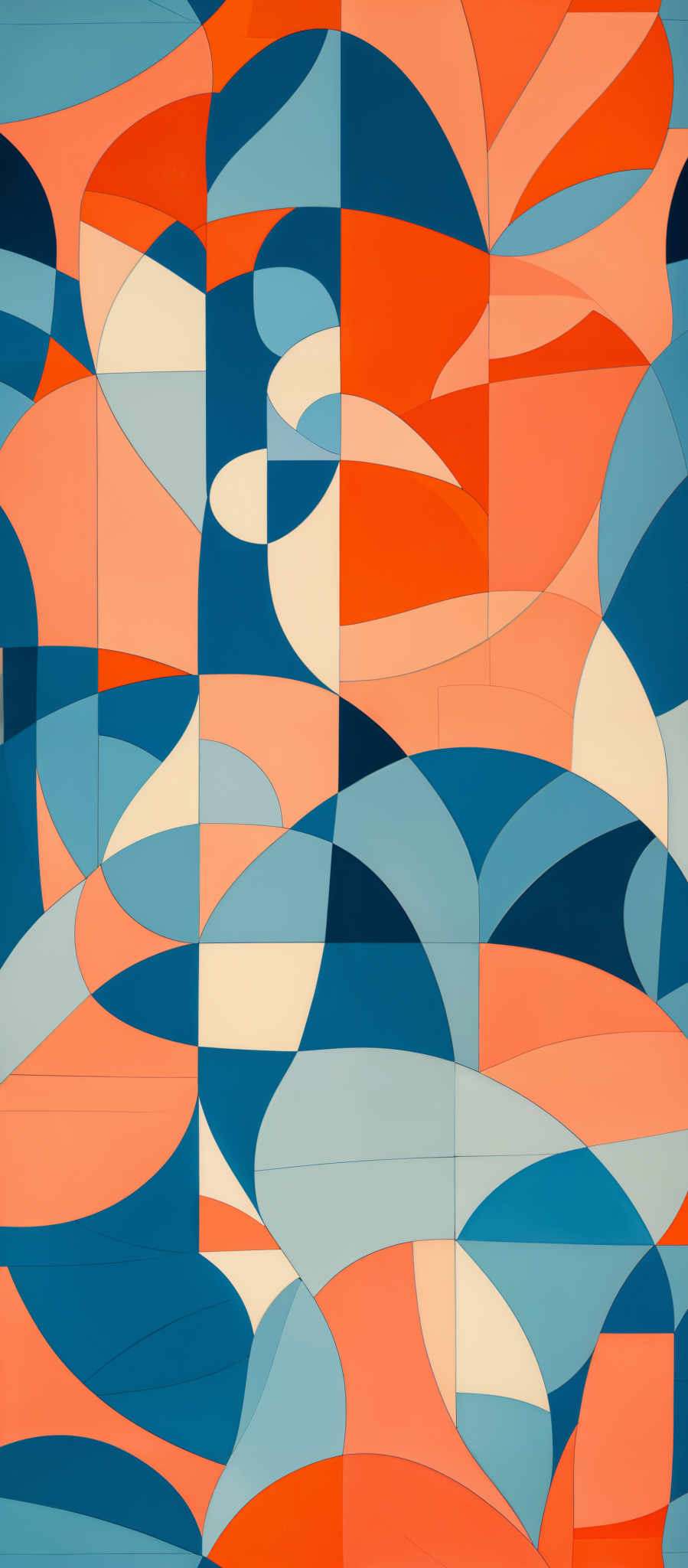 The image showcases an abstract artwork with a variety of geometric shapes and overlapping curves. The dominant colors are shades of blue, orange, and white. The shapes include curves, rectangles, and semi-circles, all interwoven in a complex pattern. The artwork seems to be a play on angles and perspectives, creating a sense of depth and movement.