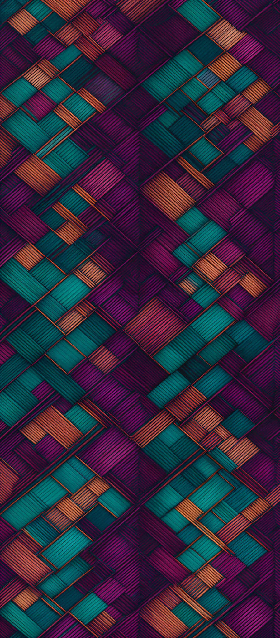 The image showcases a vibrant and intricate pattern. The primary colors are shades of purple, blue, and orange. The pattern consists of interlocking rectangles and squares, each with a unique color gradient. The colors transition smoothly from one to another, creating a harmonious and visually pleasing effect. The overall design gives an impression of a 3D tessellation or a digital art representation of a woven fabric.