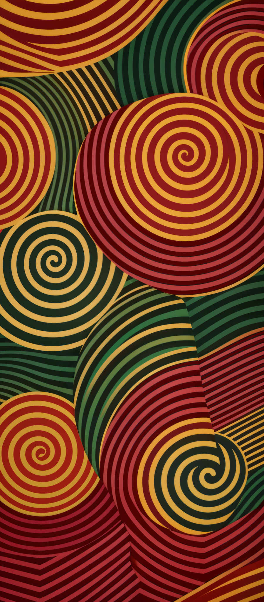 The image showcases a vibrant and intricate pattern of swirling lines and shapes. The dominant colors are shades of red, yellow, green, and orange. The swirls are organized in a manner that creates a sense of depth and movement. The patterns are repetitive, with each swirl having multiple layers of concentric circles. The overall design gives a hypnotic and mesmerizing effect.