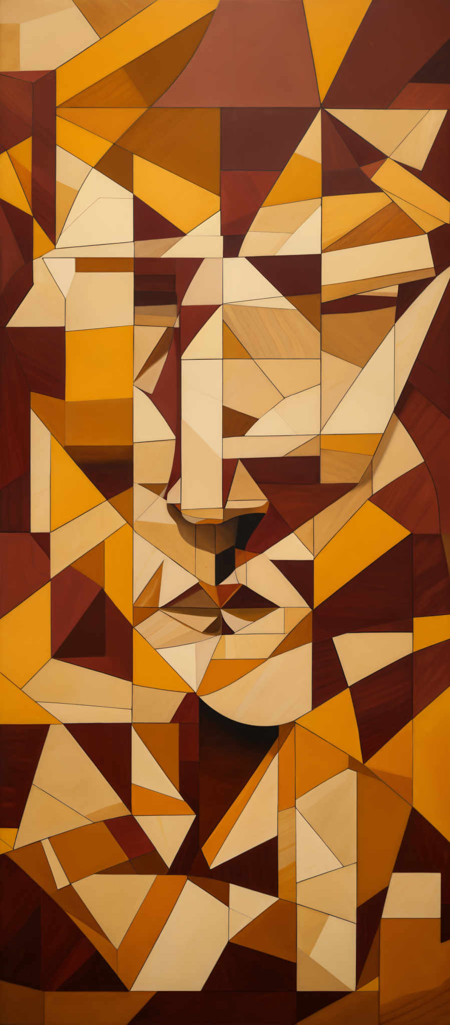 The image is a geometric artwork composed of various triangles and rectangles. The dominant colors are shades of brown, beige, and yellow. The shapes are fragmented and overlap, creating an abstract representation of a face. The fragmented nature of the shapes gives an impression of a fragmented or broken face.