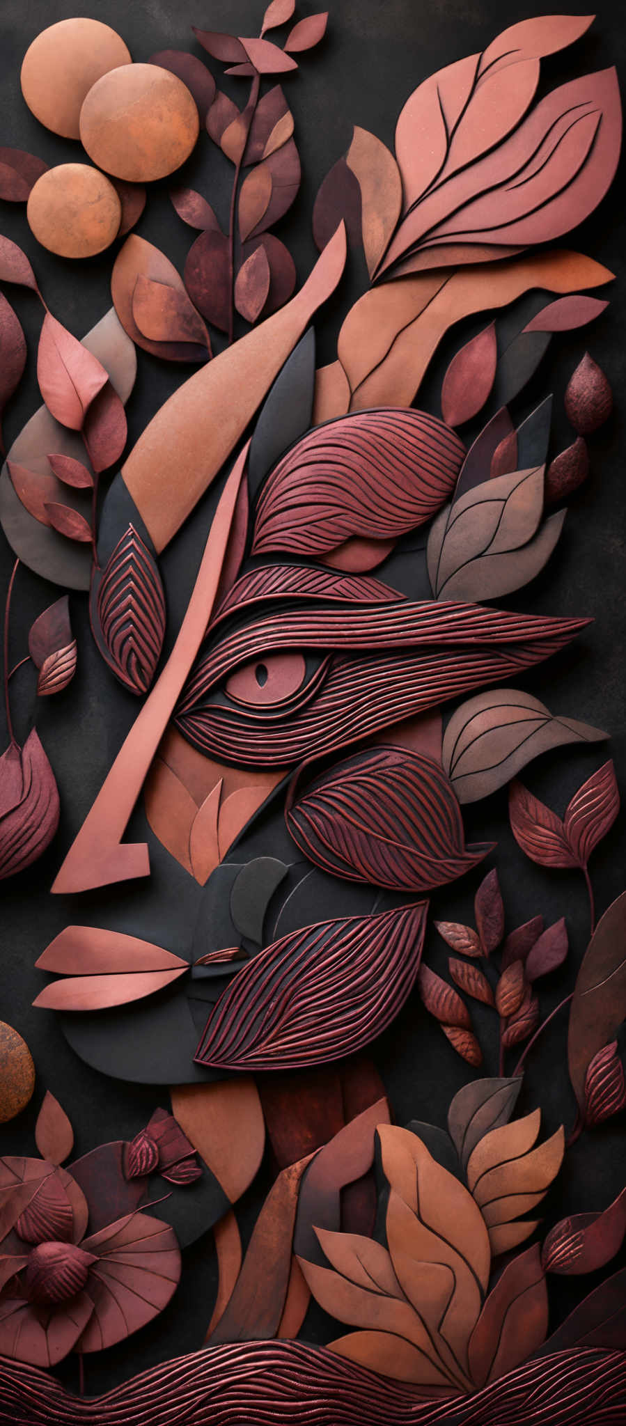 The image showcases a meticulously crafted artwork made up of various leaf-like and organic shapes. The predominant colors are shades of brown, ranging from light tan to deep chocolate. The shapes are intricately designed, with some having layered patterns, while others have a smooth texture. The central part of the image features an eye-like design made up from the leaf-shapes, giving it a mysterious and artistic touch.