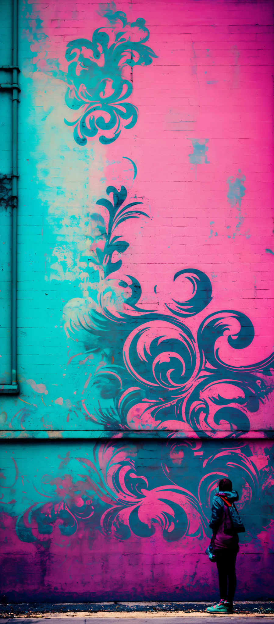 The image showcases a vibrant wall painted in shades of pink and turquoise. On the wall, there's a large, intricate swirling pattern in a darker shade of turquoisie. The swirls are reminiscent of floral or abstract designs. The bottom of the image captures a person standing in front of the wall. The individual is wearing a dark jacket, a beanie, and is carrying a backpack. The person's reflection can be seen in the wet ground, suggesting that it might have rained recently.