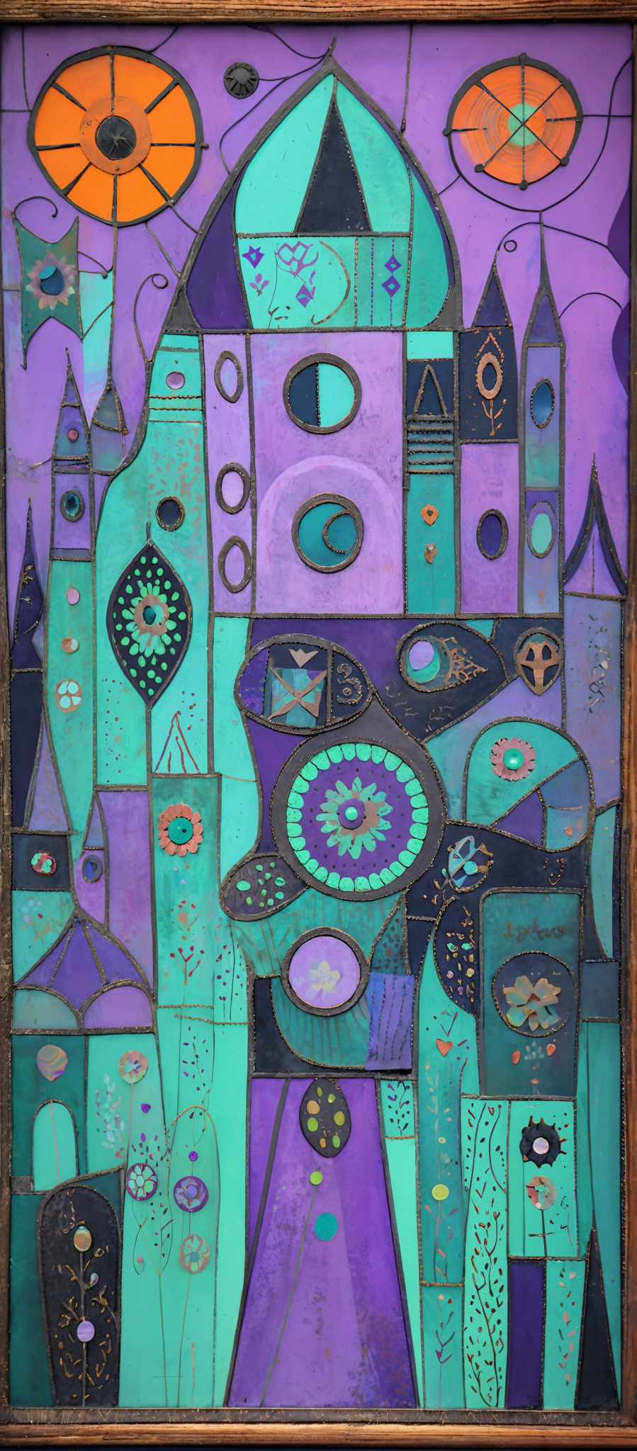 The image showcases a vibrant and colorful artwork. It predominantly features shades of purple, blue, and teal. The artwork is composed of various geometric shapes, including rectangles, circles, and triangles. There are intricate patterns and symbols, such as flowers, stars, and crosses, painted on the structures. The overall theme appears to be a whimsical representation of a city or town with unique and imaginative buildings.