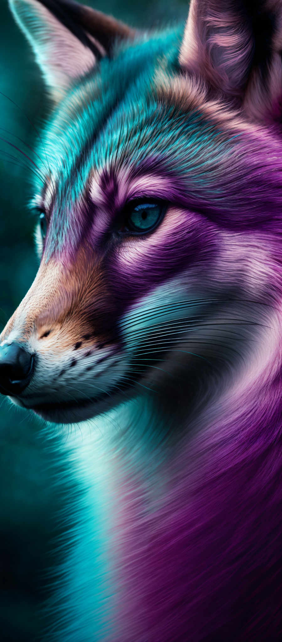 The image showcases a close-up of a fox's face. The fox has a vibrant and multi-colored fur, with hues of blue, purple, and pink. The fur appears smooth and well-defined, with the colors blending seamlessly. The eyes of the fox are a striking shade of blue and are detailed, giving an intense and focused look. The overall image exudes a sense of mystique and beauty.