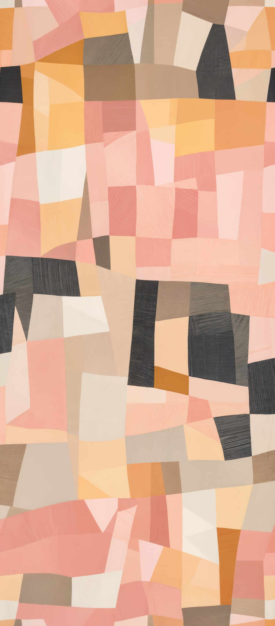 The image showcases an abstract artwork with a myriad of geometric shapes. The predominant colors are shades of pink, beige, brown, and black. The shapes are fragmented and overlapping, creating a patchwork effect. The artwork seems to be a play on geometric patterns, possibly inspired by quilting or mosaic designs.