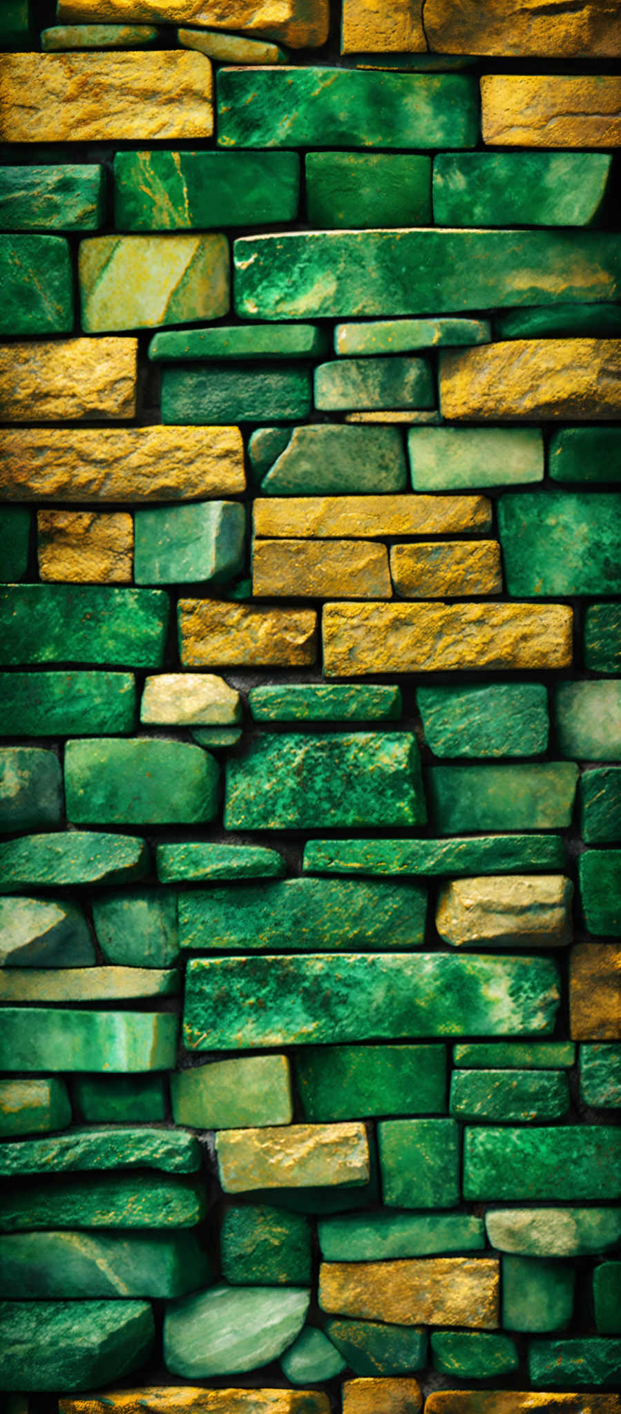 The image showcases a wall made up of rectangular bricks or stones. These bricks vary in color, predominantly in shades of green and gold. The green bricks have a more uniform color, while the gold ones have a mix of lighter and darker shades, giving them a natural, rustic appearance. The bricks are stacked in a way that they overlap each other, creating a textured and layered effect.