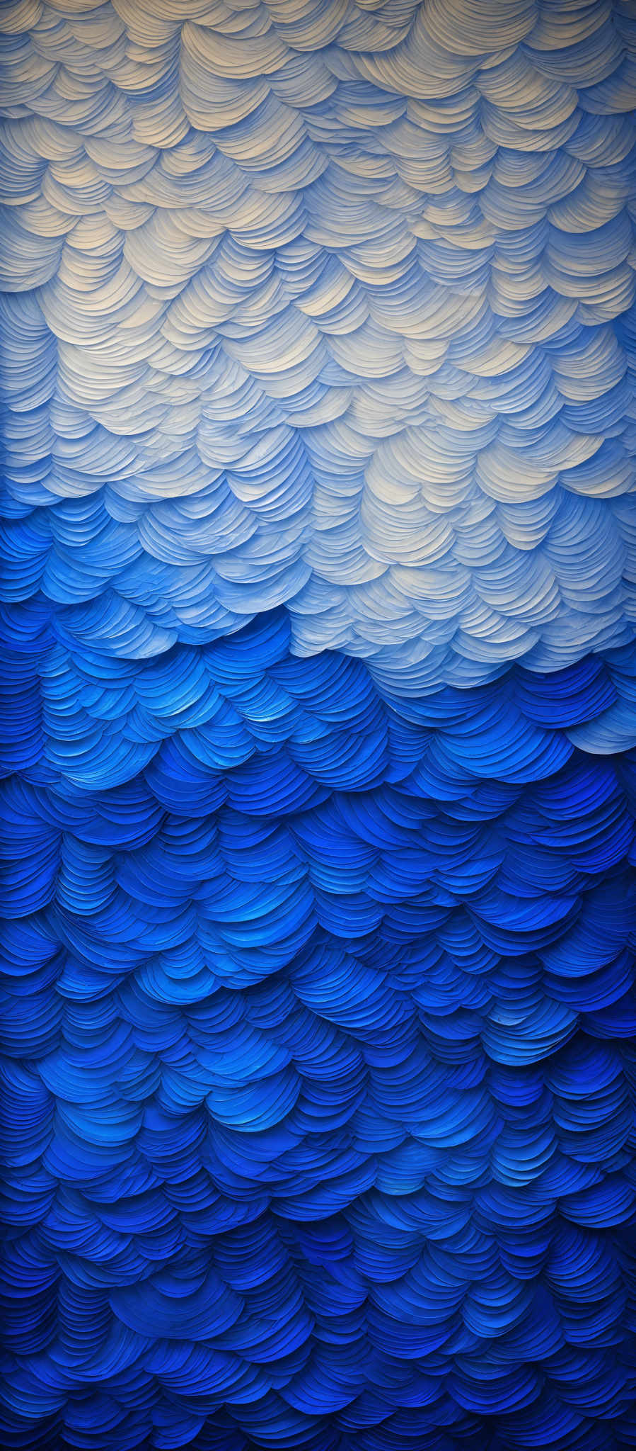 The image showcases a series of overlapping, wavy patterns that resemble the texture of scales or feathers. The colors range from a light creamy white at the top to a deep blue at the bottom. The patterns are intricate, with each layer appearing slightly different in shade and curvature, giving a sense of depth and dimension to the image, as if one is looking at a 3D texture.