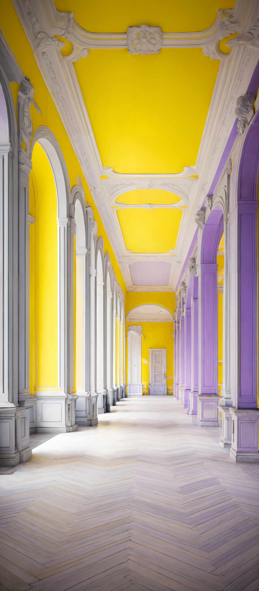 The image showcases a long corridor with a vibrant yellow ceiling and walls. The corridors are adorned with ornate white moldings and decorative elements on the ceiling. The floor is made of wooden planks arranged in a herringbone pattern. On the left side of the corridory, there are tall white columns supporting the ceilings, and on the right side, there's a series of arches painted in a soft purple hue. The arches are also supported by white columns. The space appears to be well-lit, possibly by natural light coming from the left, and there're no visible people or objects in the corrdor.