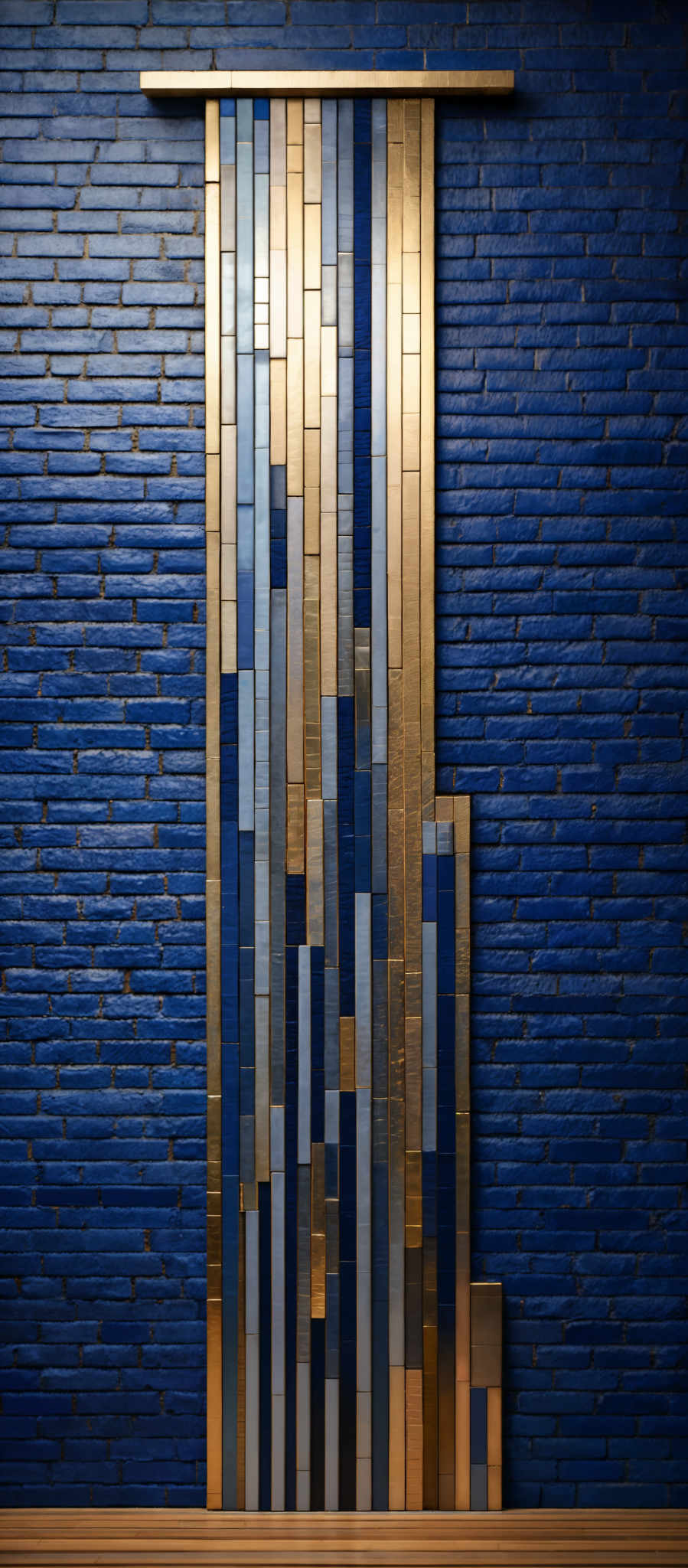 The image showcases a vertical structure made up of various rectangular and square wooden blocks. These blocks come in a range of colors including gold, blue, and beige. The structure is set against a backdrop of a deep blue brick wall. The floor beneath the structure is made of wooden planks, matching the color palette of the blocks.