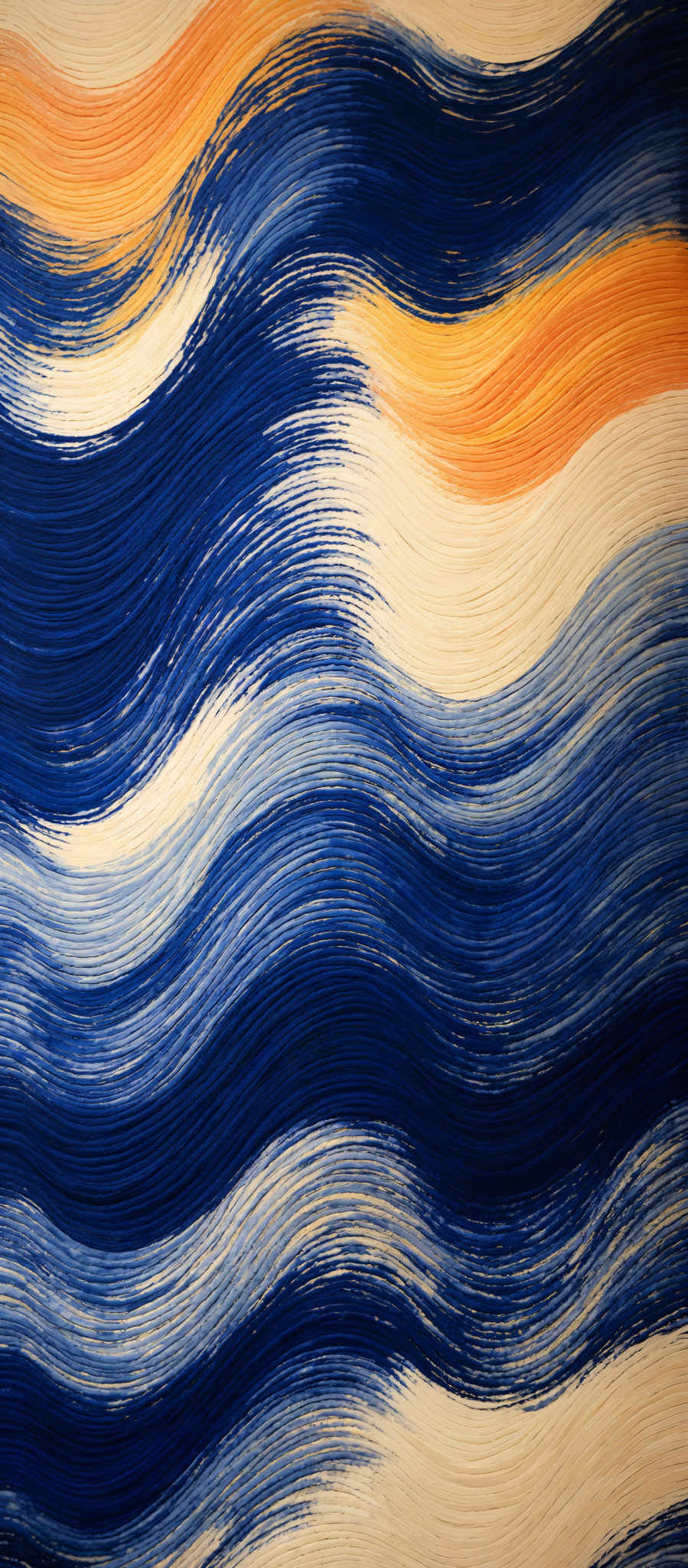 The image showcases a vibrant and dynamic pattern of wavy lines. The predominant colors are shades of blue, white, and a touch of orange. The blue and white wavy patterns create a sense of movement, reminiscent of flowing water or waves. The orange accent adds a pop of warmth to the cool tones, creating a harmonious balance.