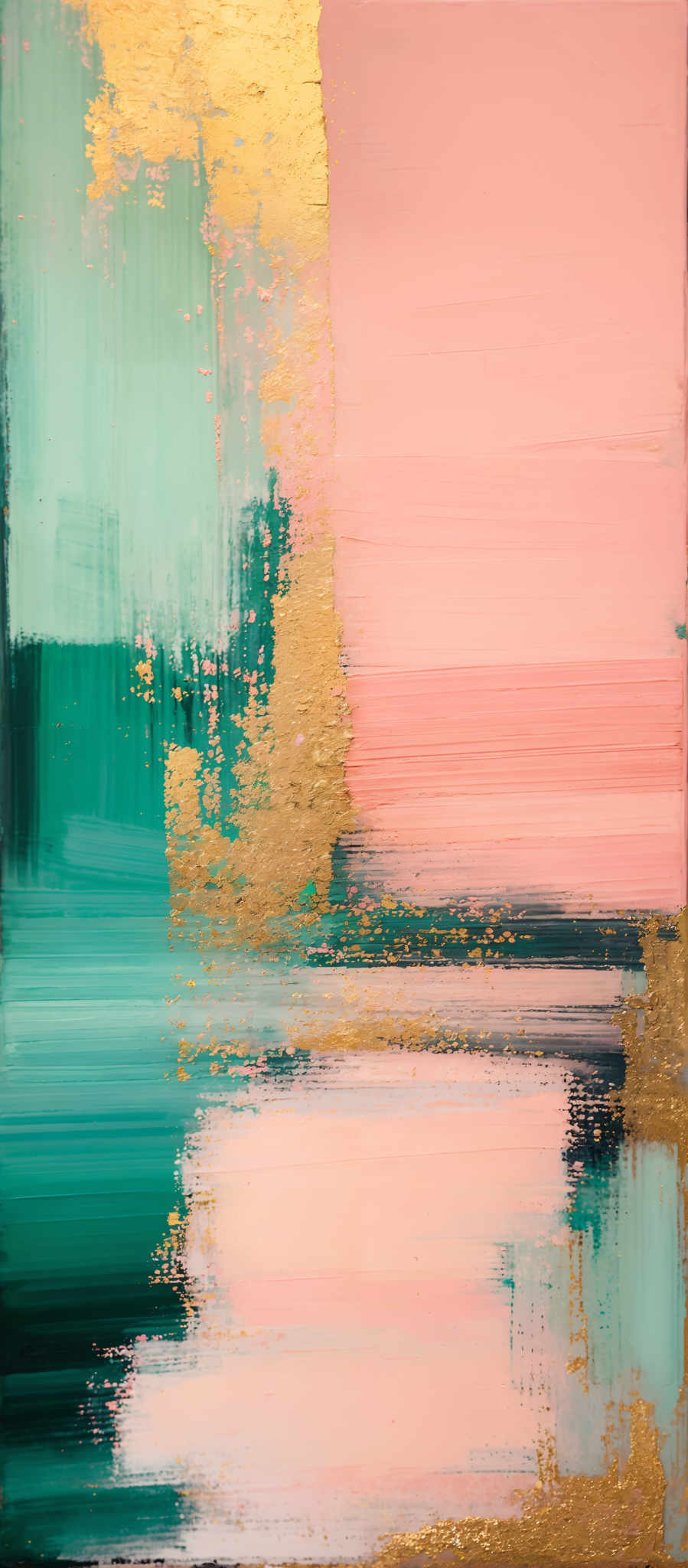 The image showcases an abstract painting with a blend of colors. The dominant colors are shades of pink, teal, and gold. The painting features broad horizontal strokes, with the pink and teal colors forming the background and the gold color appearing as splatters and streaks. The composition gives a sense of depth and movement, with layers of colors blending seamlessly into one another.