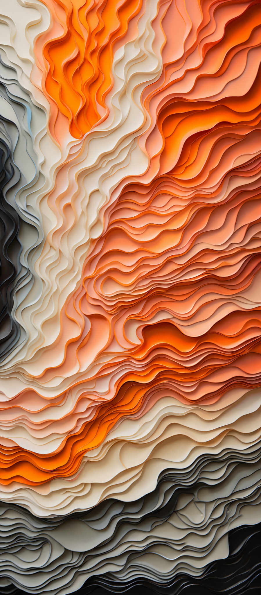 The image showcases a topographical or contour map-like design with wavy patterns. The colors range from deep blacks and grays to vibrant oranges and peach tones. The wavy lines appear to represent elevation changes, with darker shades indicating higher elevations and lighter shades representing lower elevations. The intricate detailing and layering give the image a three-dimensional appearance, reminiscent of topographical maps.