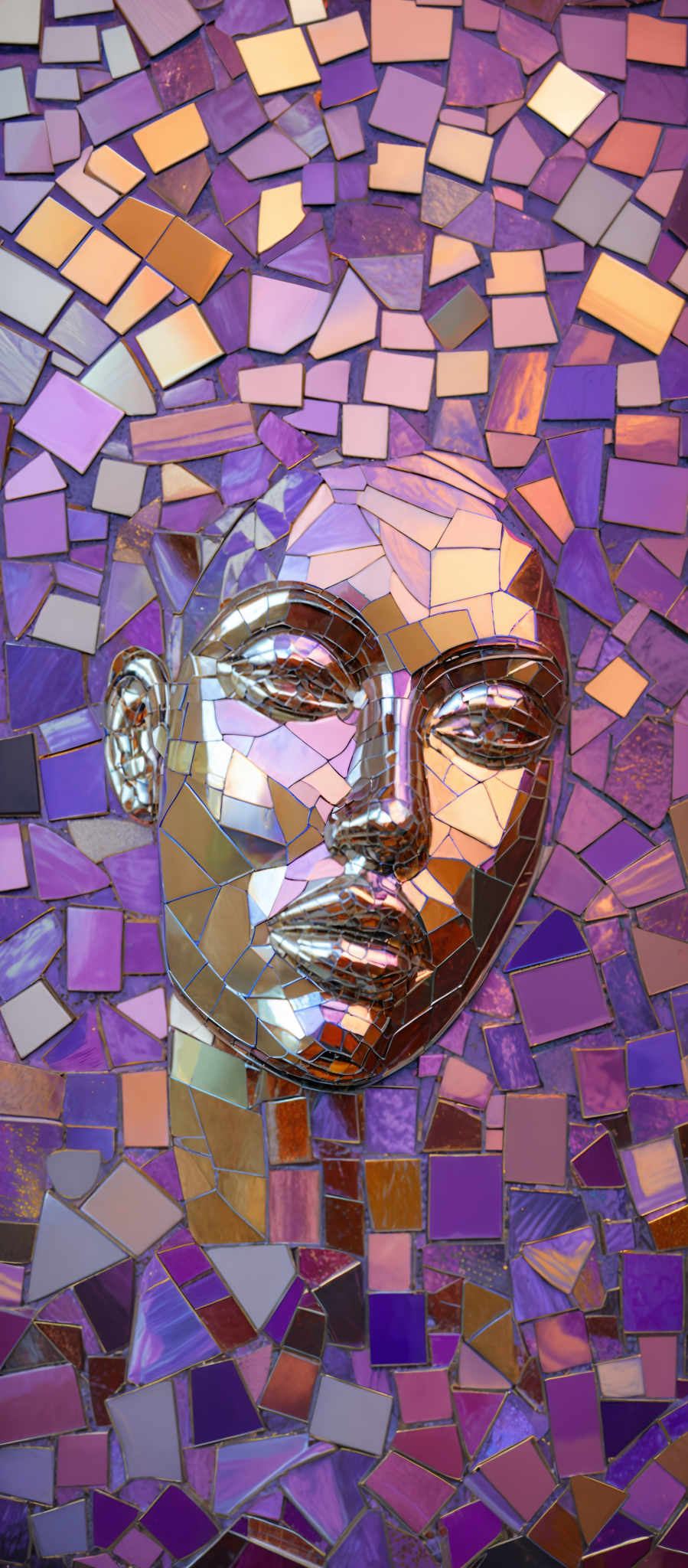 The image showcases a mosaic of various shades of purple, pink, and orange tiles. The central focus is a three-dimensional face, which appears to be made of a metallic or reflective material. The face is composed of fragmented pieces, giving it a fragmented or broken appearance. The eyes are closed, and the lips are slightly parted. The background consists of a myriad of these tiles, creating a vibrant and intricate pattern.