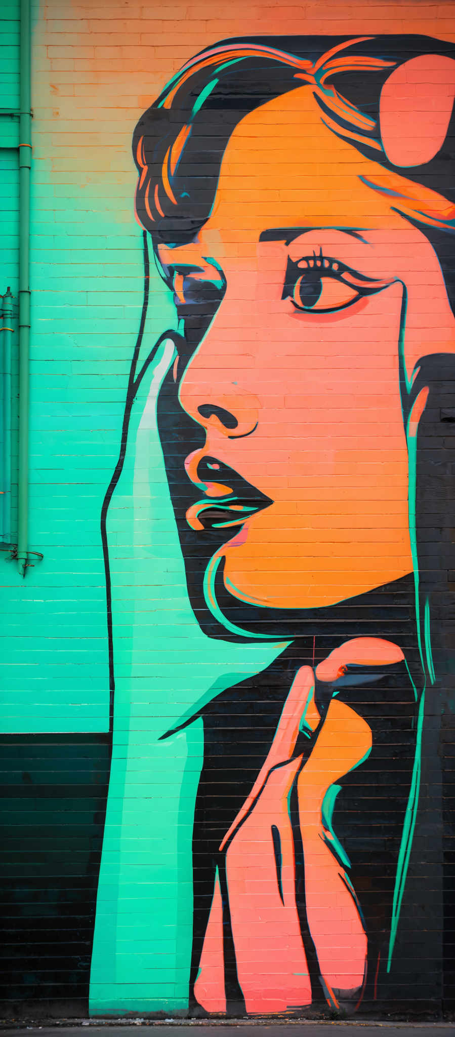 The image showcases a vibrant mural of a woman's face. The dominant colors are shades of orange, blue, and green. The woman' face is depicted in a stylized manner, with prominent features like her eyes, nose, and lips. The artwork is characterized by bold lines and contrasting colors, giving it a modern and dynamic appearance.