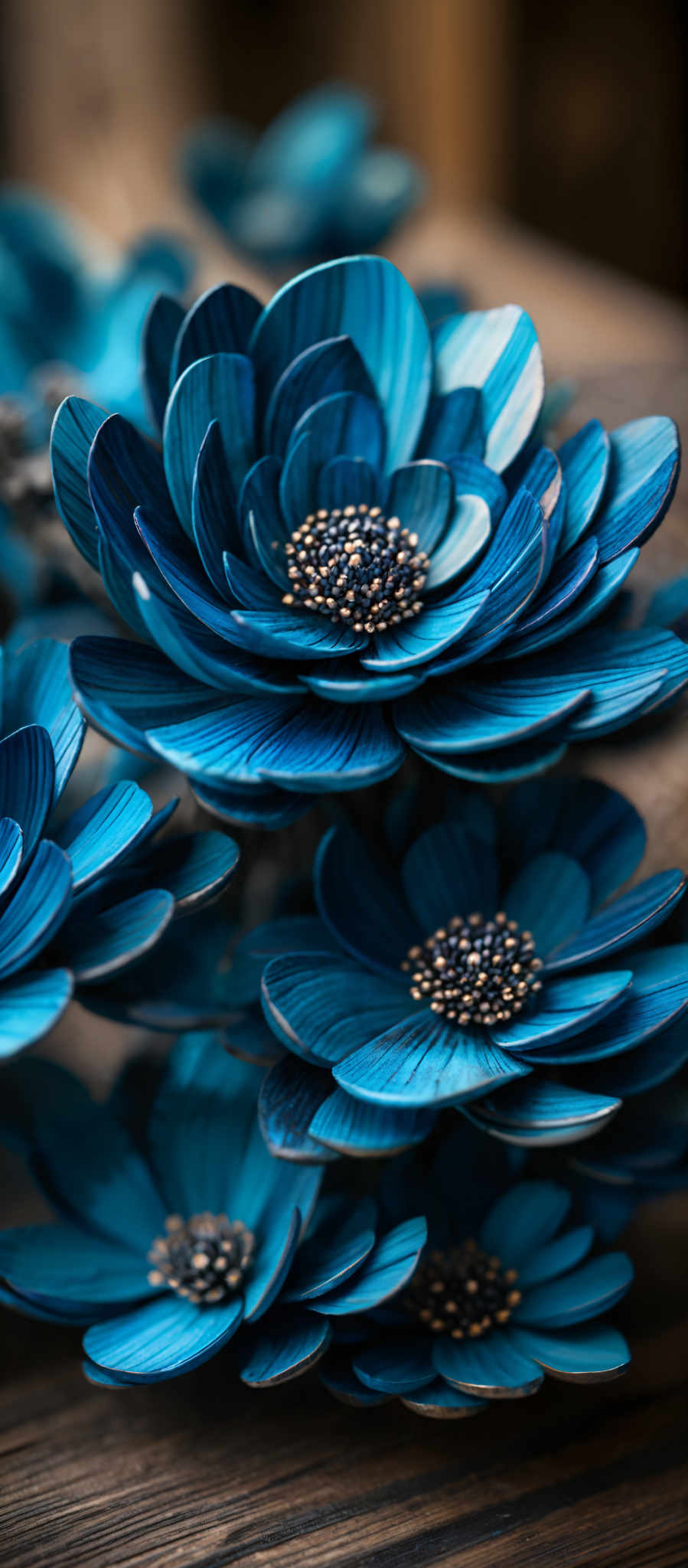 The image showcases a collection of intricately designed flowers. The flowers are predominantly in shades of blue, ranging from deep navy to lighter turquoise. The petals of the flowers are layered and have a smooth texture, with a gradient effect transitioning from the outer layer to the center. The center of each flower is adorned with a cluster of small, round, and golden-brown beads. The background is blurred, emphasizing the flowers, and appears to be a wooden surface.