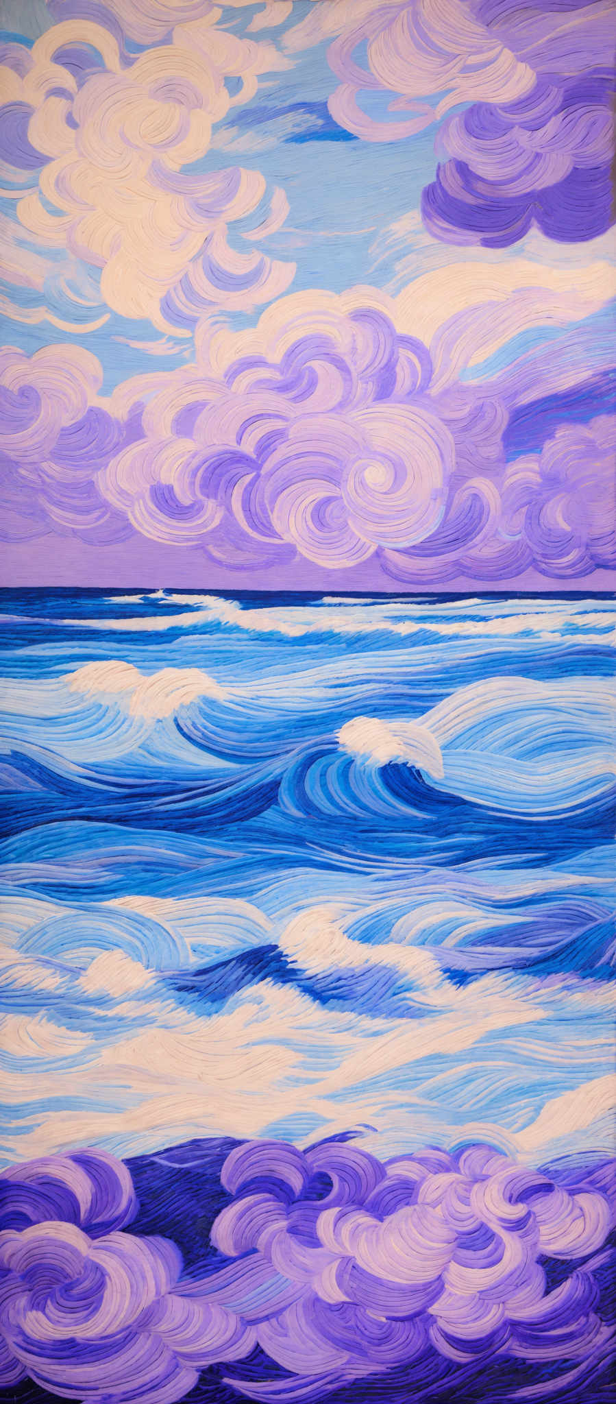 The image showcases a vibrant seascape painting. The sky is dominated by swirling patterns of purple and white clouds, suggesting a dynamic atmosphere. Below, the sea is depicted with waves in varying shades of blue, from deep navy to lighter turquoise, reflecting the depth and movement of the water. The waves have a fluid, almost sculpted appearance, with white foam at their crests. The overall color palette is rich and evokes a sense of tranquility and awe.