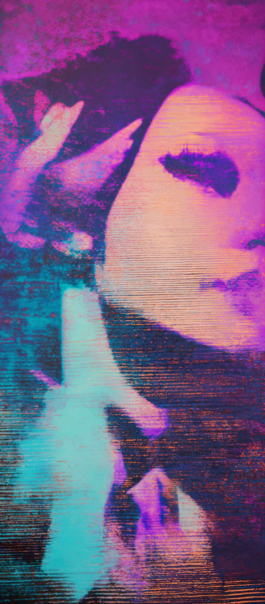 The image predominantly features a blend of vibrant colors, including shades of purple, blue, and pink. The primary shape is that of a woman's face, which appears to be overlaid or superimposed on a textured background. The woman' s face is partially obscured by the textured patterns, giving the image a dreamy, abstract quality.