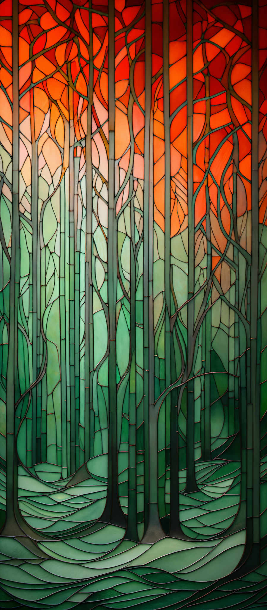 The image showcases a stained glass artwork. It features tall, slender trees with intricate branches. The trees are set against a vibrant backdrop of reds, oranges, and greens, which seem to depict a sunset or sunrise. The ground is adorned with wavy patterns in varying shades of green, suggesting grass or foliage. The overall design is symmetrical, with the trees and background colors complementing each other beautifully.