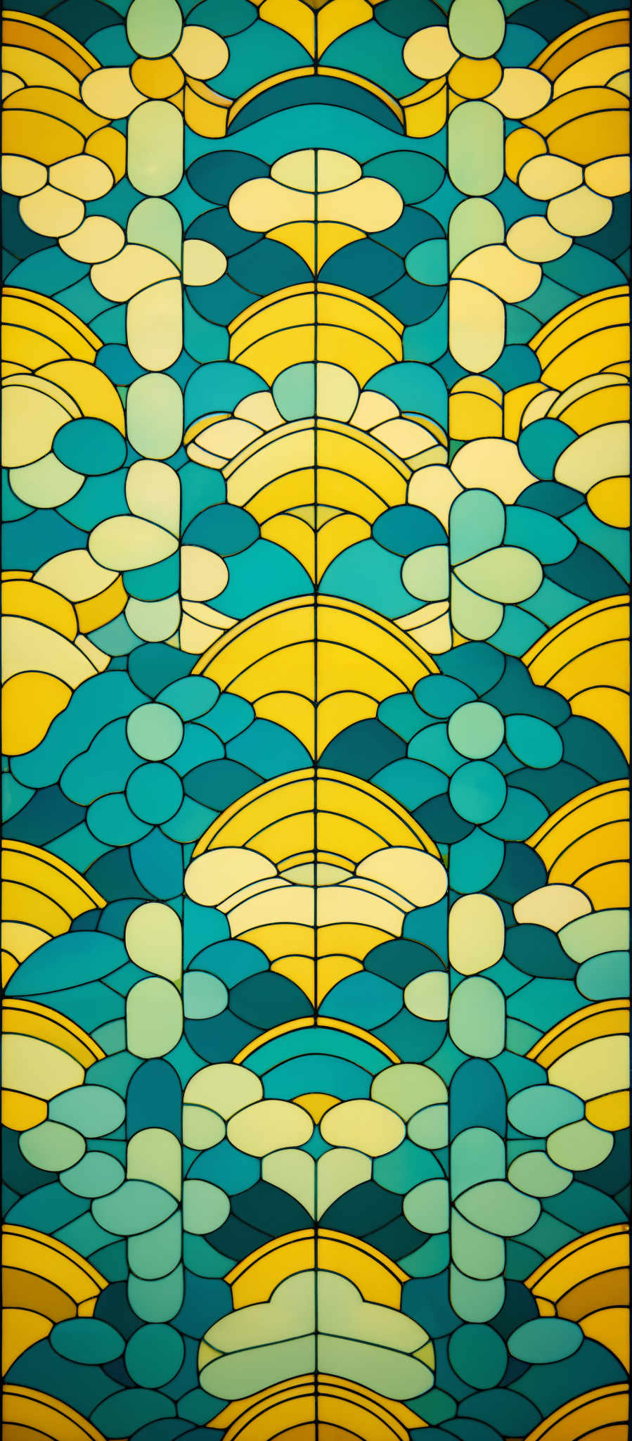 The image showcases a stained glass design with a repetitive pattern. The dominant colors are shades of blue, yellow, and white. The shapes are primarily composed of interconnected circles and semi-circles, forming a symmetrical and intricate design. The design appears to be inspired by wave patterns, with the blue representing water and the yellow and white possibly representing sunlight or reflections on the water.