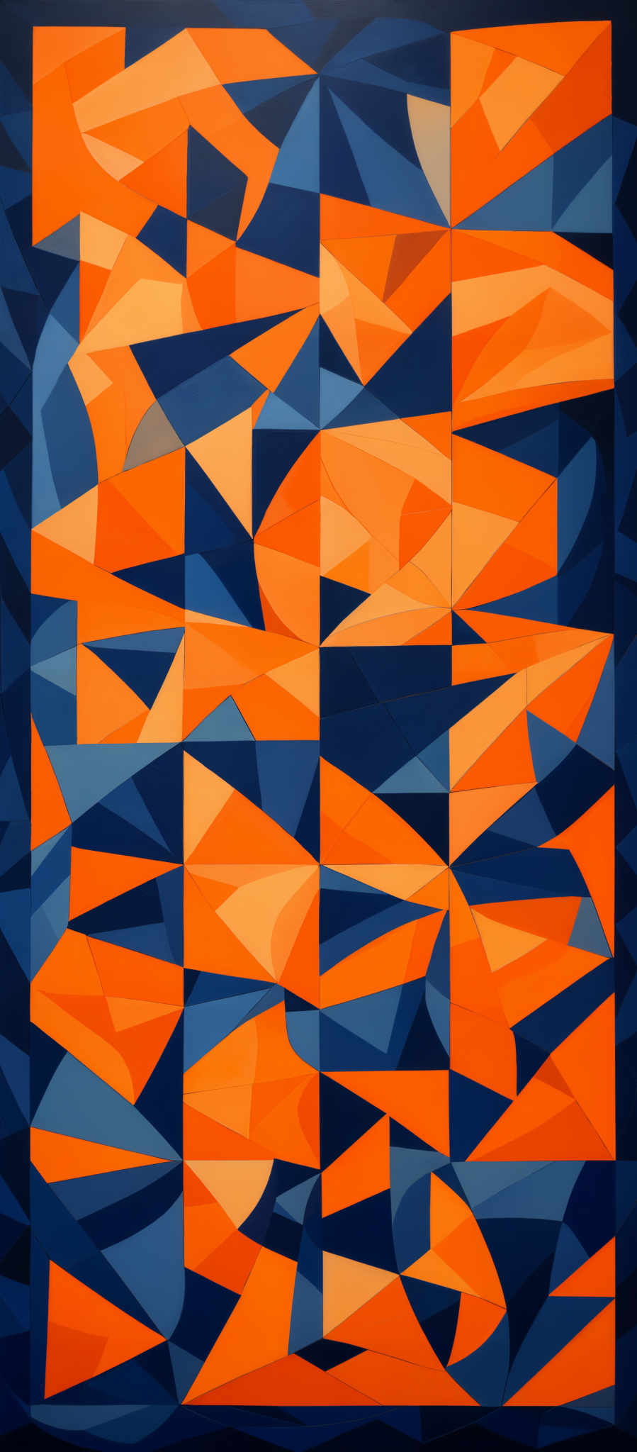 The image showcases an abstract artwork with geometric shapes. The dominant colors are shades of blue and orange. The shapes are predominantly triangles, with some overlapping and intersecting. The arrangement of these triangles creates a dynamic and layered visual effect, giving the artwork depth and movement.